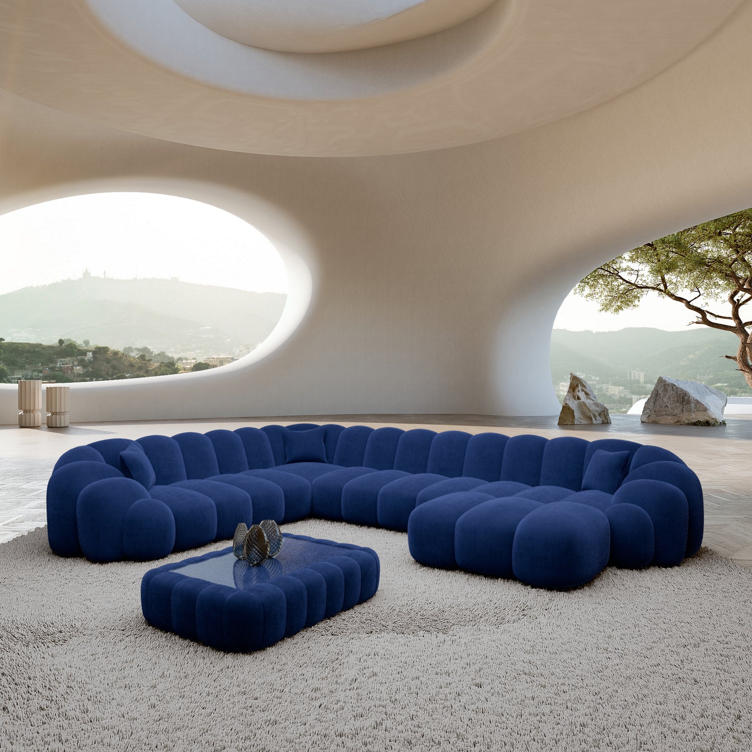 
Canapé panoramique design 7 places « Solea XXL » avec revêtement en velours - Revêtement en velours Königsblau / Côté long gauche