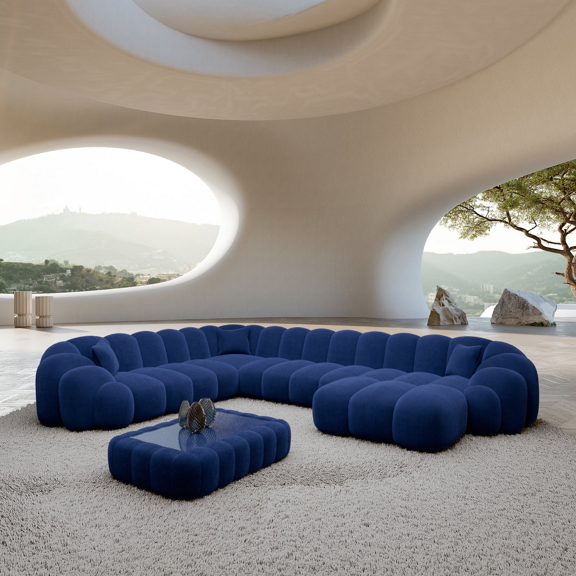 
7-Sitzer Design Panorama-Sofa „Solea XXL“ mit Samtbezug - Samtbezug Königsblau / Lange Seite links