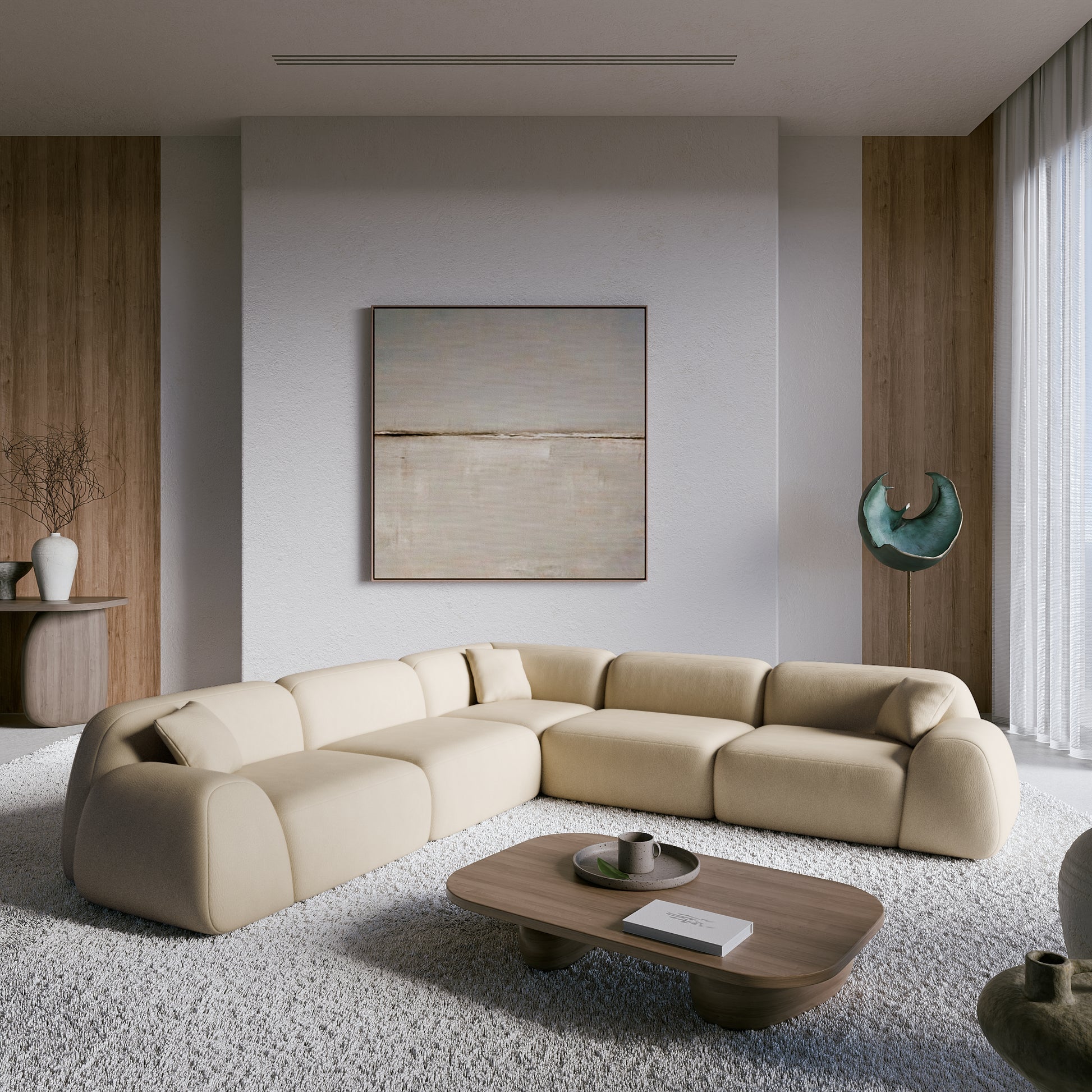
5-Sitzer Design Echtleder Ecksofa „Lumera“ - Echtleder Beige