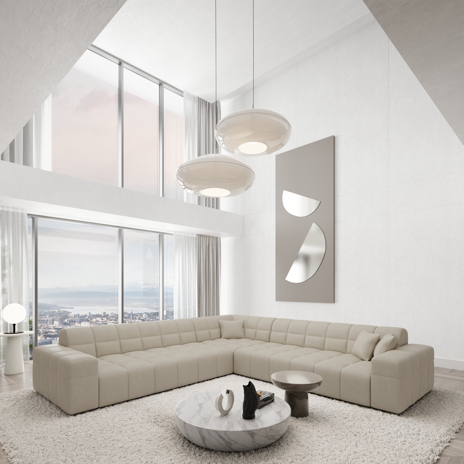 
5-Sitzer Design Echtleder Ecksofa „Bloom“ - Echtleder Beige