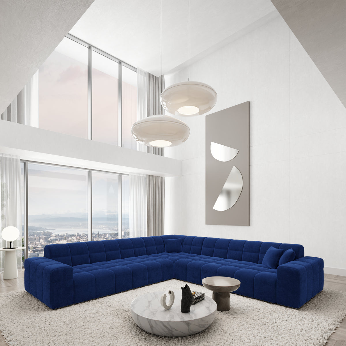 
5-Sitzer Design Ecksofa „Bloom“ mit Samtbezug - Samtbezug Königsblau