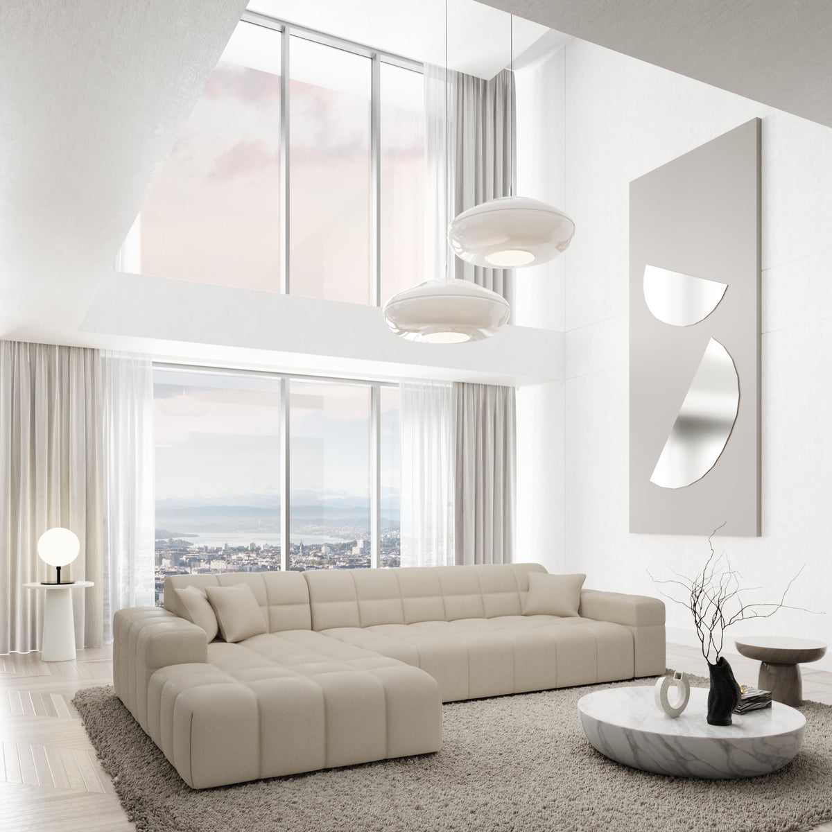 
4-seat designer genuine leather corner sofa “Bloom” - Genuine leather Beige / Left corner section