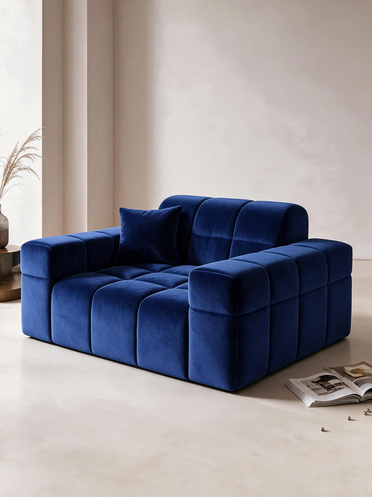 
Poltrona lounge di design „Bloom“ con rivestimento in velluto - Rivestimento in raso blu reale