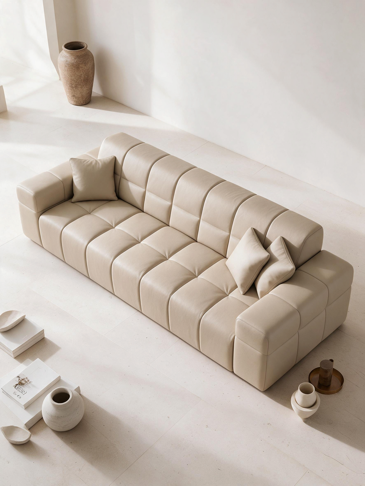 
Divano di design a 3 posti in vera pelle „Bloom“ - Vera pelle Beige