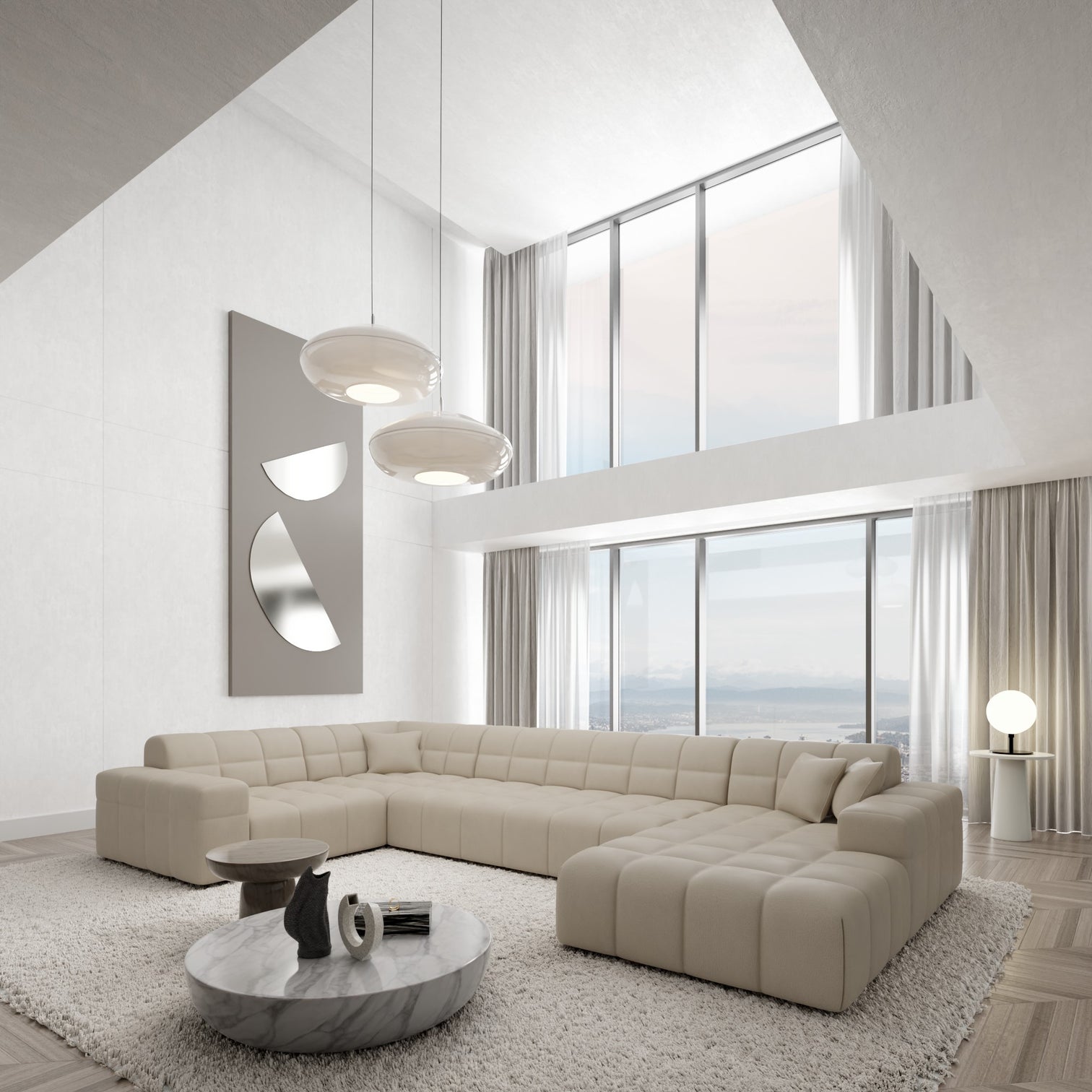 
6-Sitzer Design Echtleder Panorama-Sofa „Bloom XL“ - Echtleder Beige / Lange Seite links
