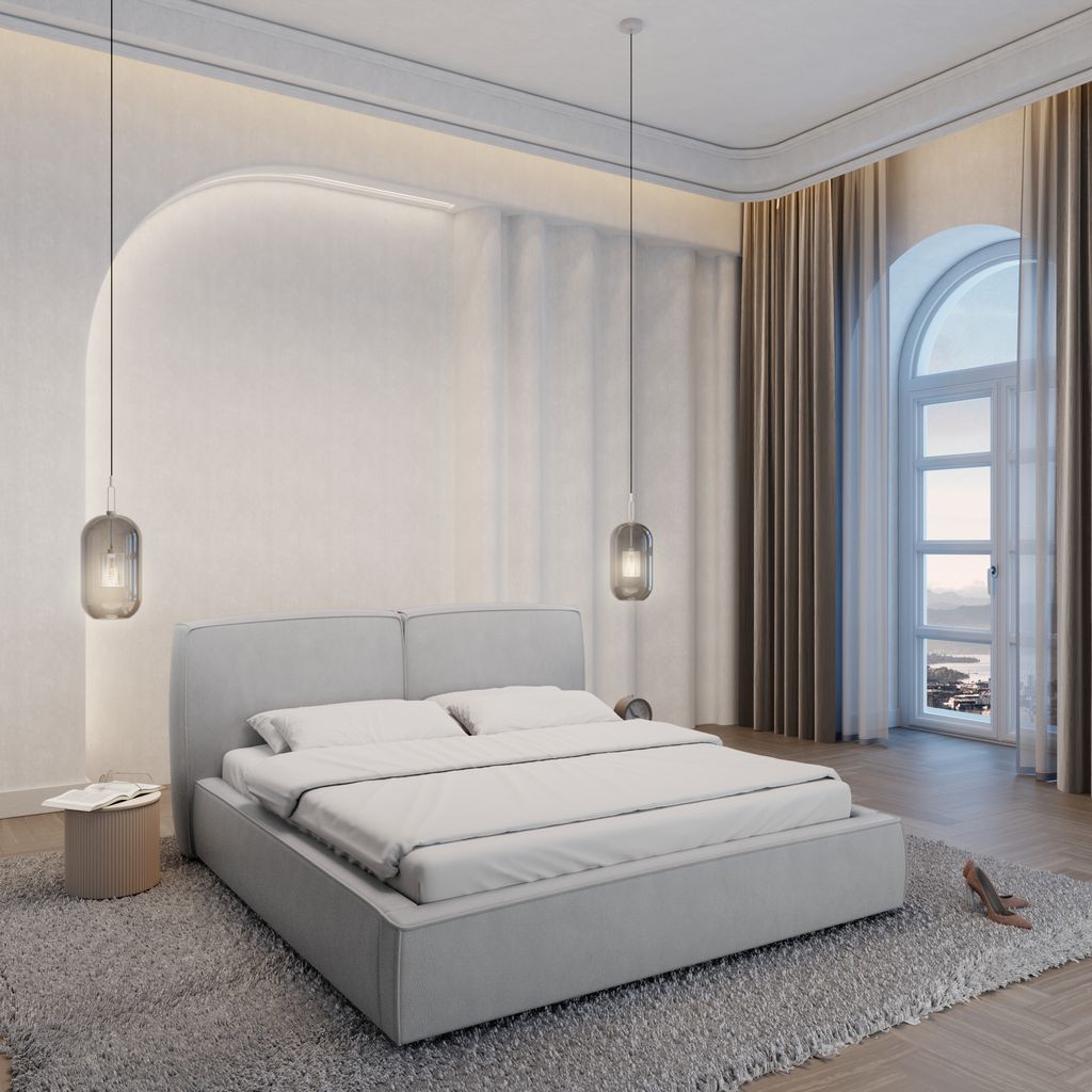 
Design Polsterbett „Zayna“ mit Ablagefach, Kunstleder Hellgrau - 140 x 200 cm