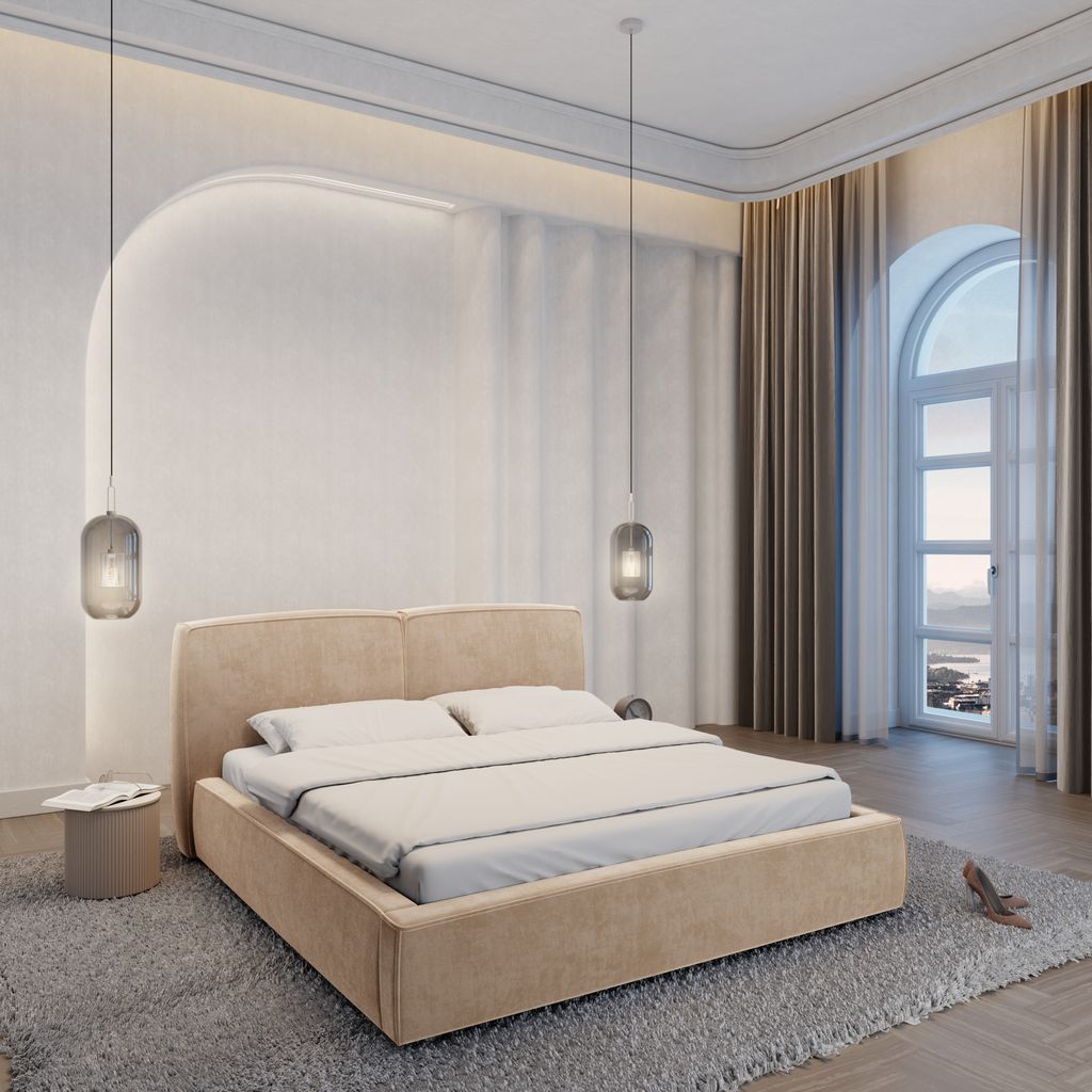 
Design Polsterbett „Zayna“ mit Ablagefach, Samt Beige - 140 x 200 cm