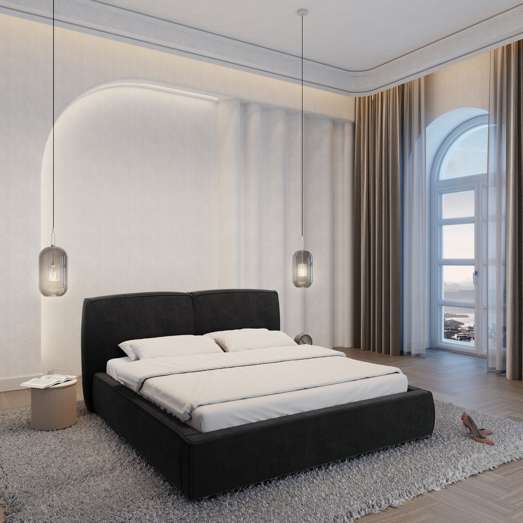 
Design Polsterbett „Zayna“ mit Ablagefach, Samt Schwarz - 140 x 200 cm