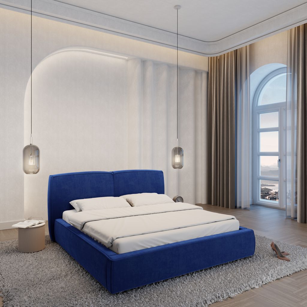 
Design Polsterbett „Zayna“ mit Ablagefach, Samt Blau - 140 x 200 cm