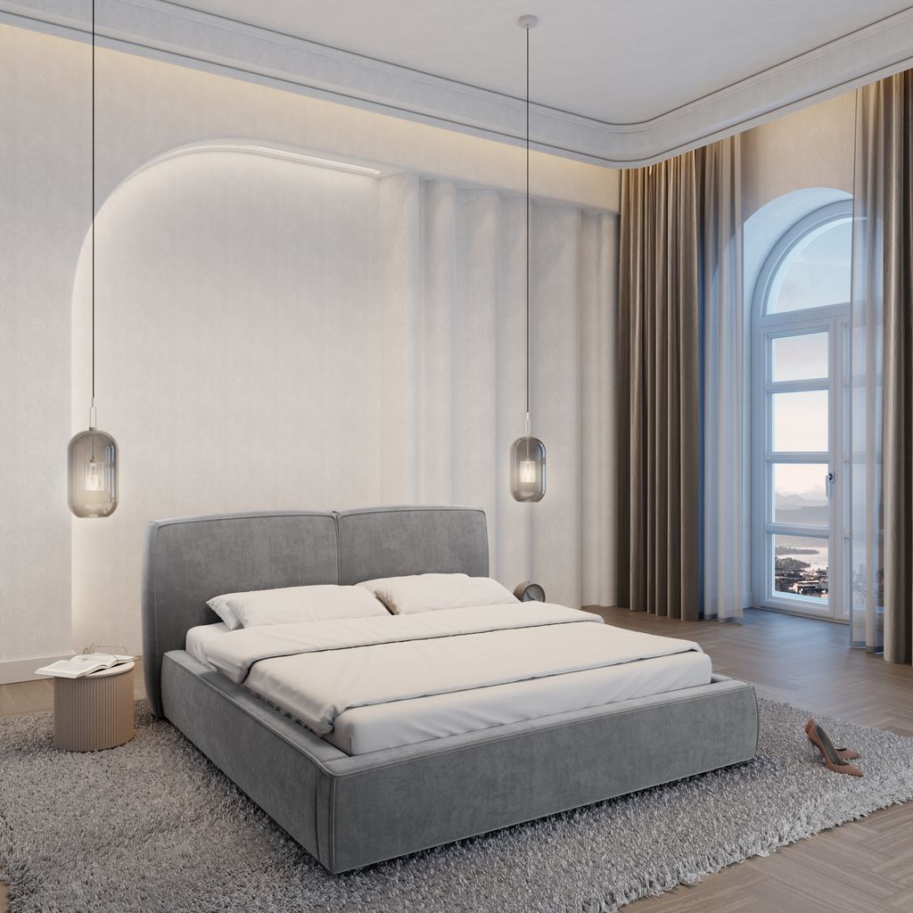 
Design Polsterbett „Zayna“ mit Ablagefach, Samt Grau - 140 x 200 cm