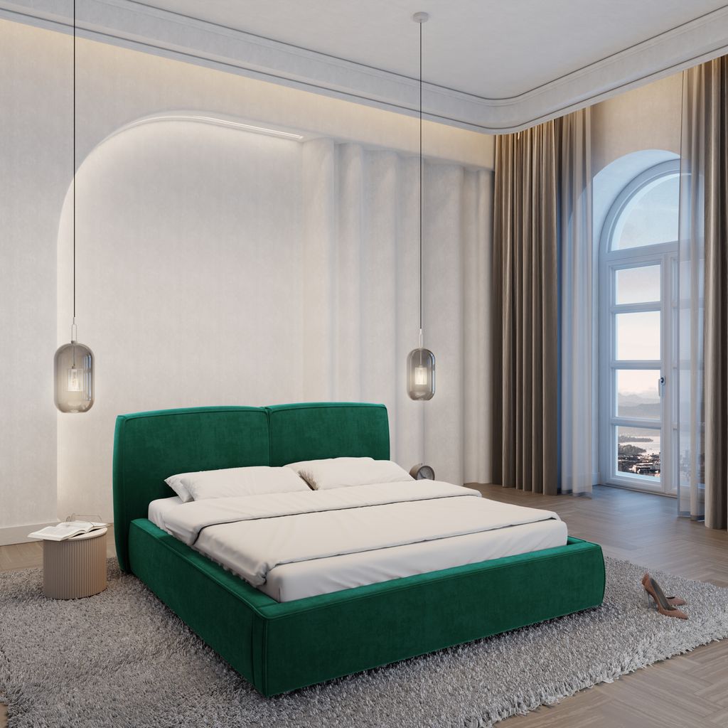 
Design Polsterbett „Zayna“ mit Ablagefach, Samt Grün - 140 x 200 cm