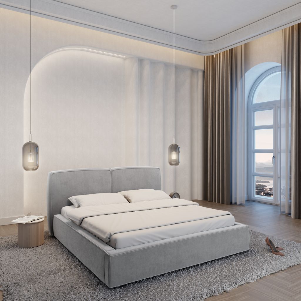 
Design Polsterbett „Zayna“ mit Ablagefach, Samt Hellgrau - 140 x 200 cm