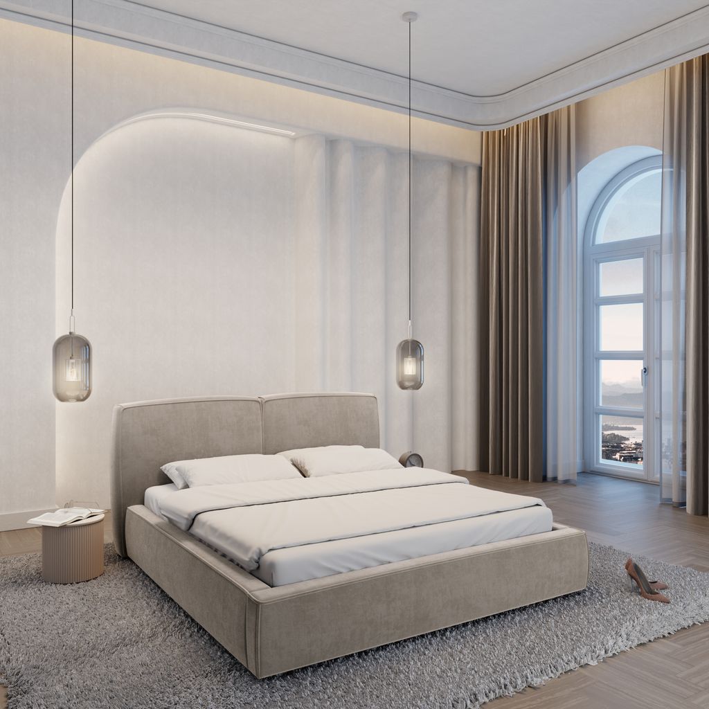 
Design Polsterbett „Zayna“ mit Ablagefach, Samt Sand - 140 x 200 cm