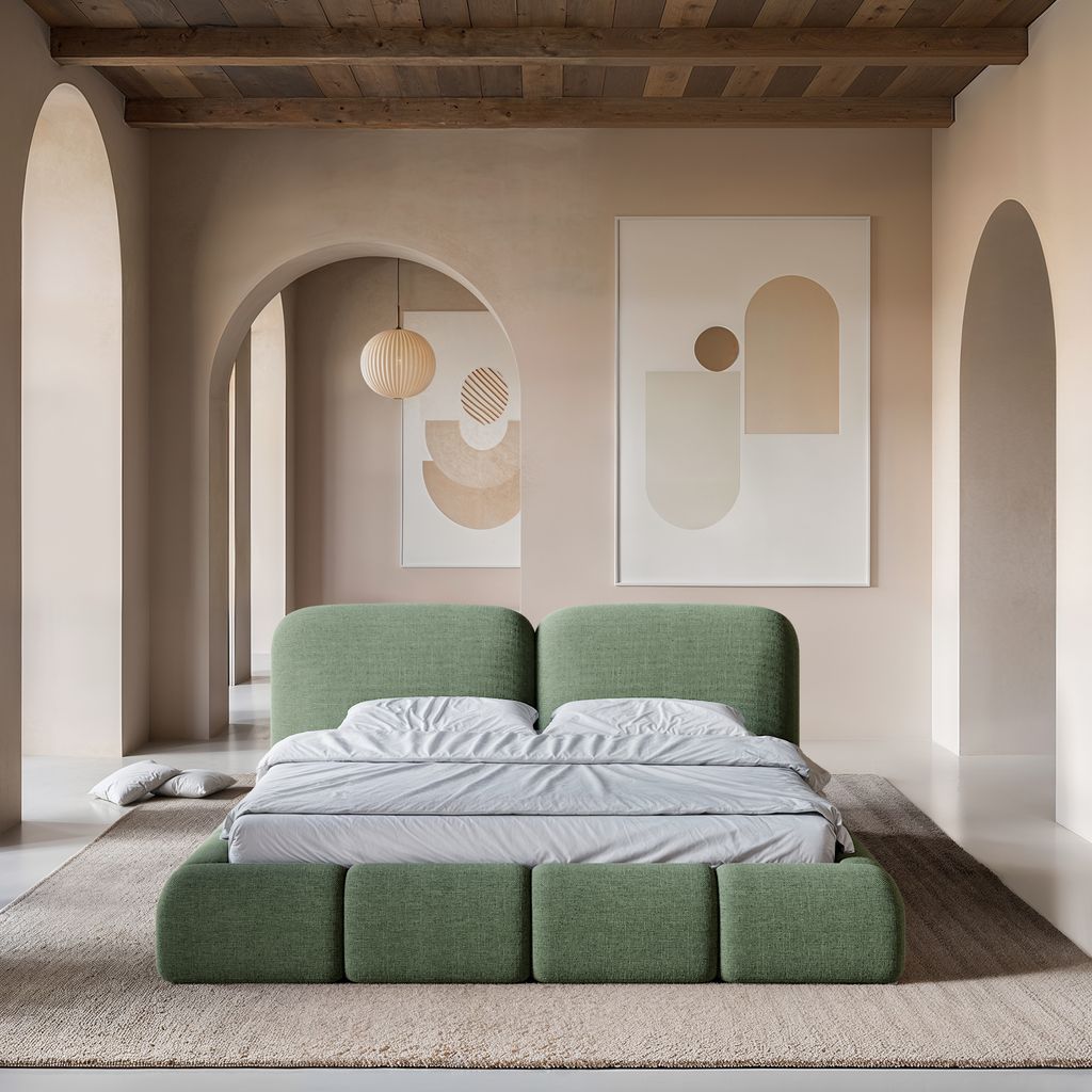 
Design Polsterbett „Mirage“ mit Ablagefach, Webstoff Grün - 140 x 200 cm