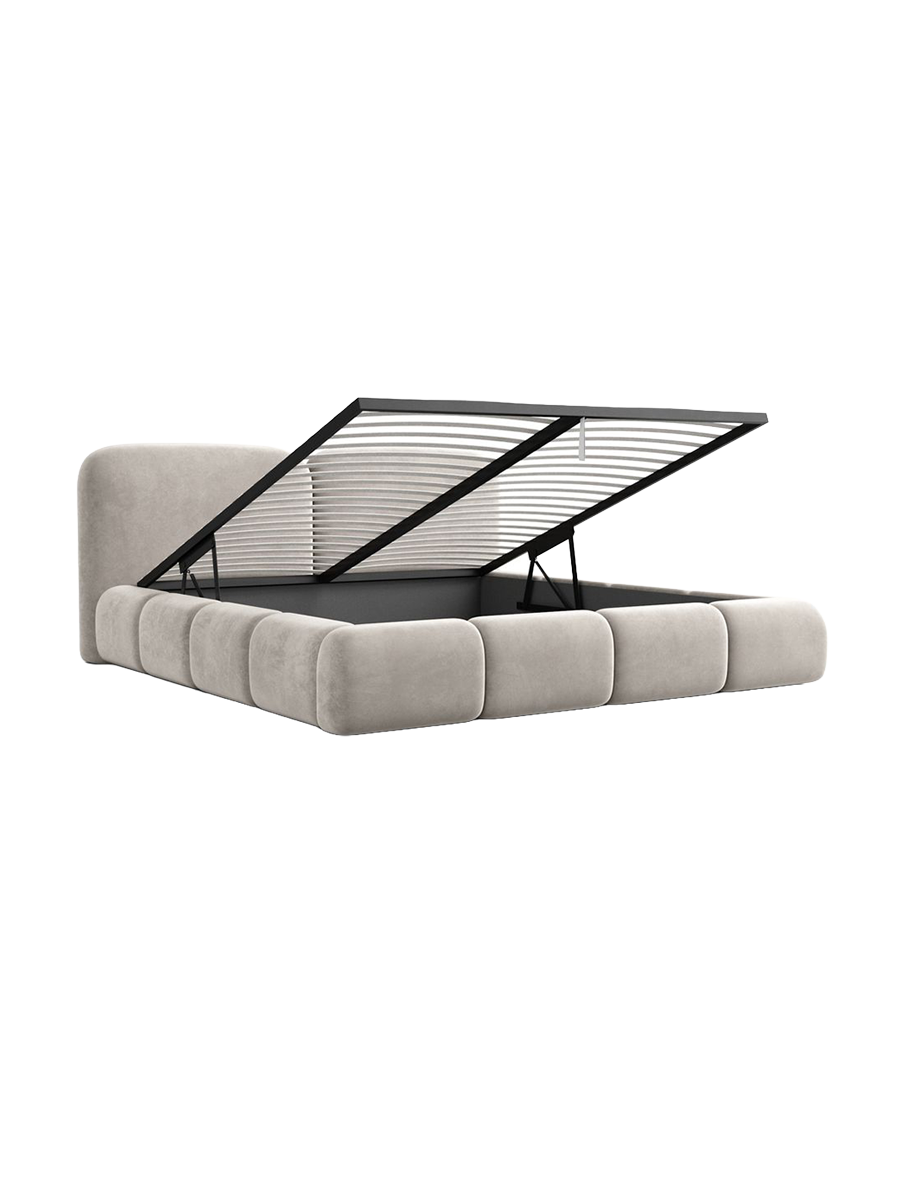 
Design Polsterbett „Mirage“ mit Ablagefach, Samt Sand - 140 x 200 cm
