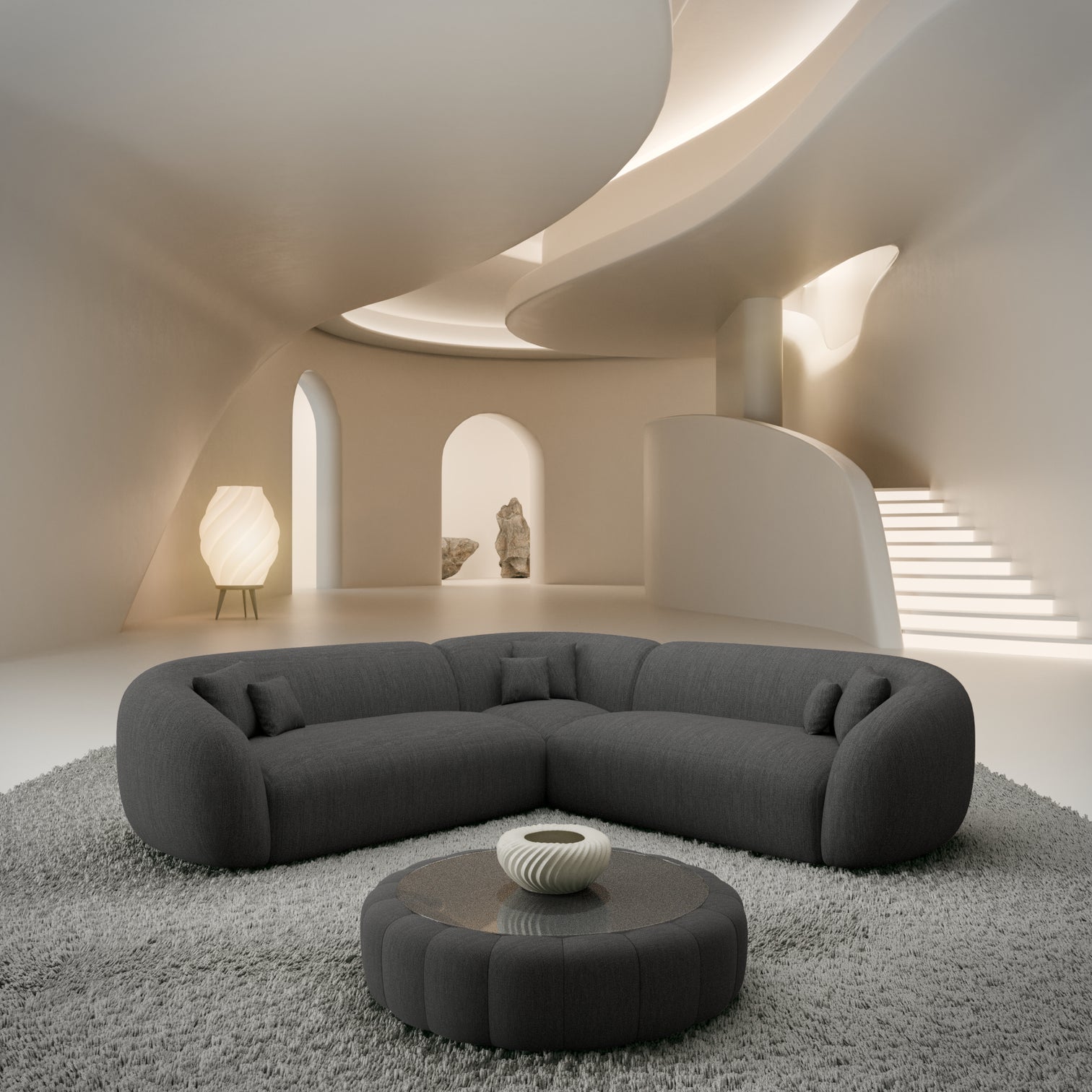 
5-seat designer corner sofa “Serano” with textured fabric upholstery - Textured fabric Anthracite