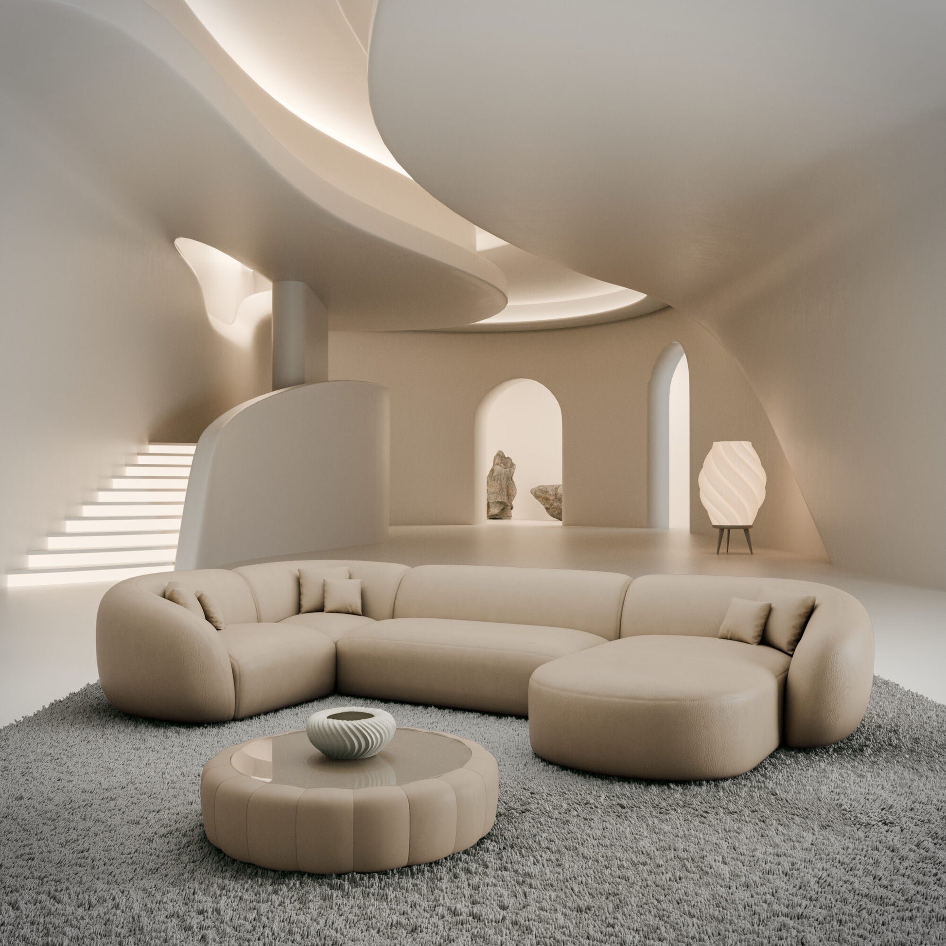
6-Sitzer Design Echtleder Panorama-Sofa „Serano XL“ - Echtleder Beige / Lange Seite links