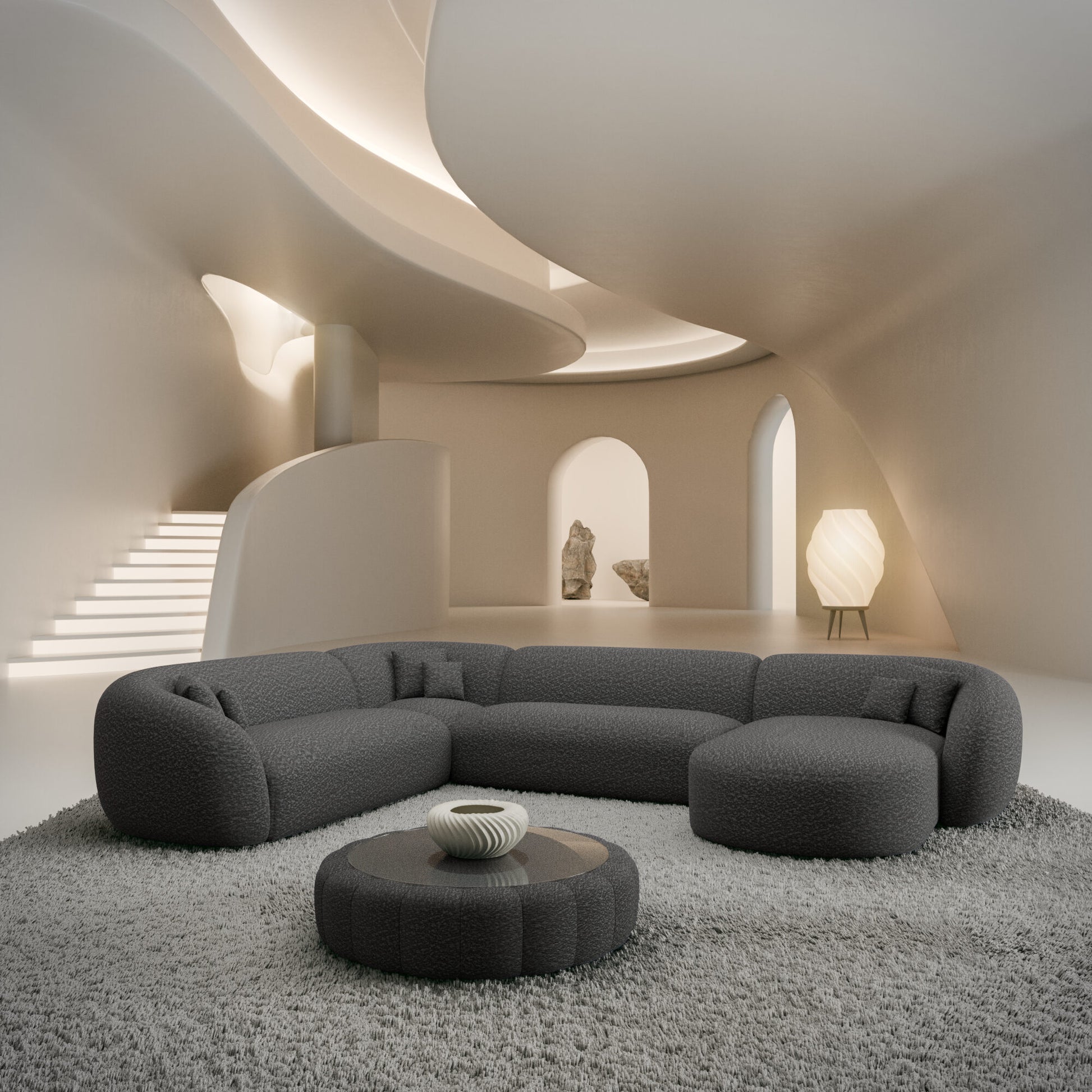 
7-Sitzer Design Panorama-Sofa „Serano XXL“ mit Bouclé-Bezug - Bouclé Graphit / Lange Seite links