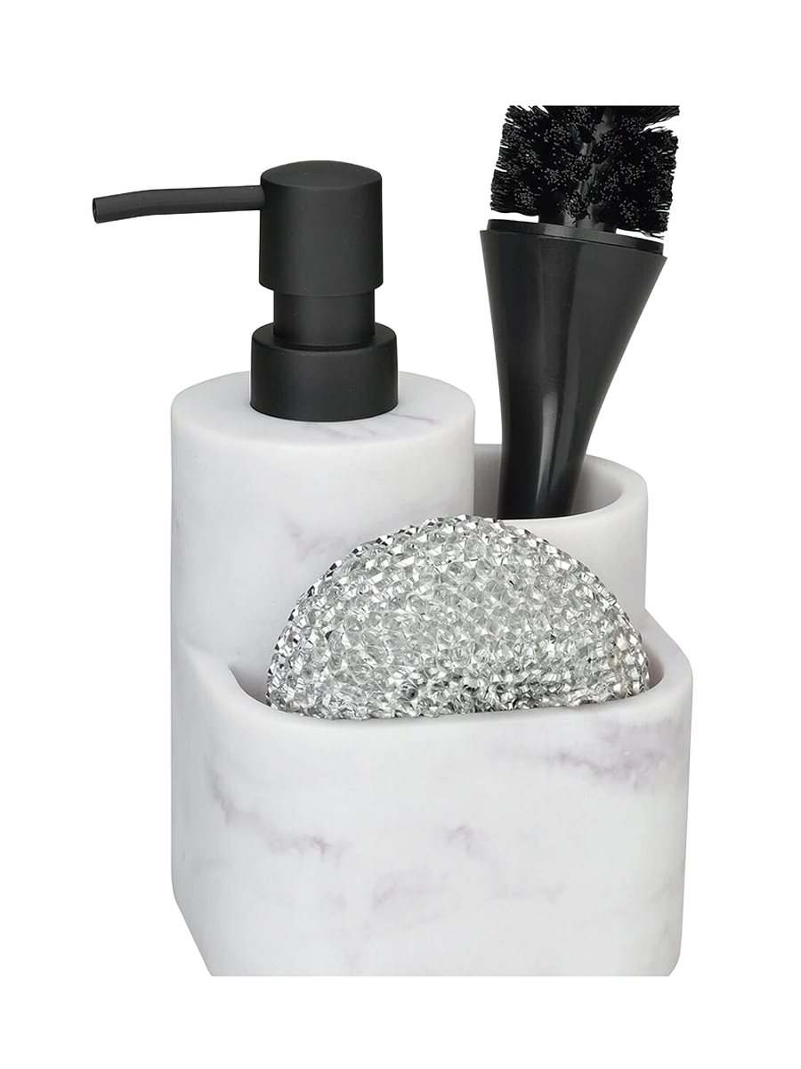 
Distributeur de savon "Lucy" avec brosse et éponge à l'aspect marbre blanc