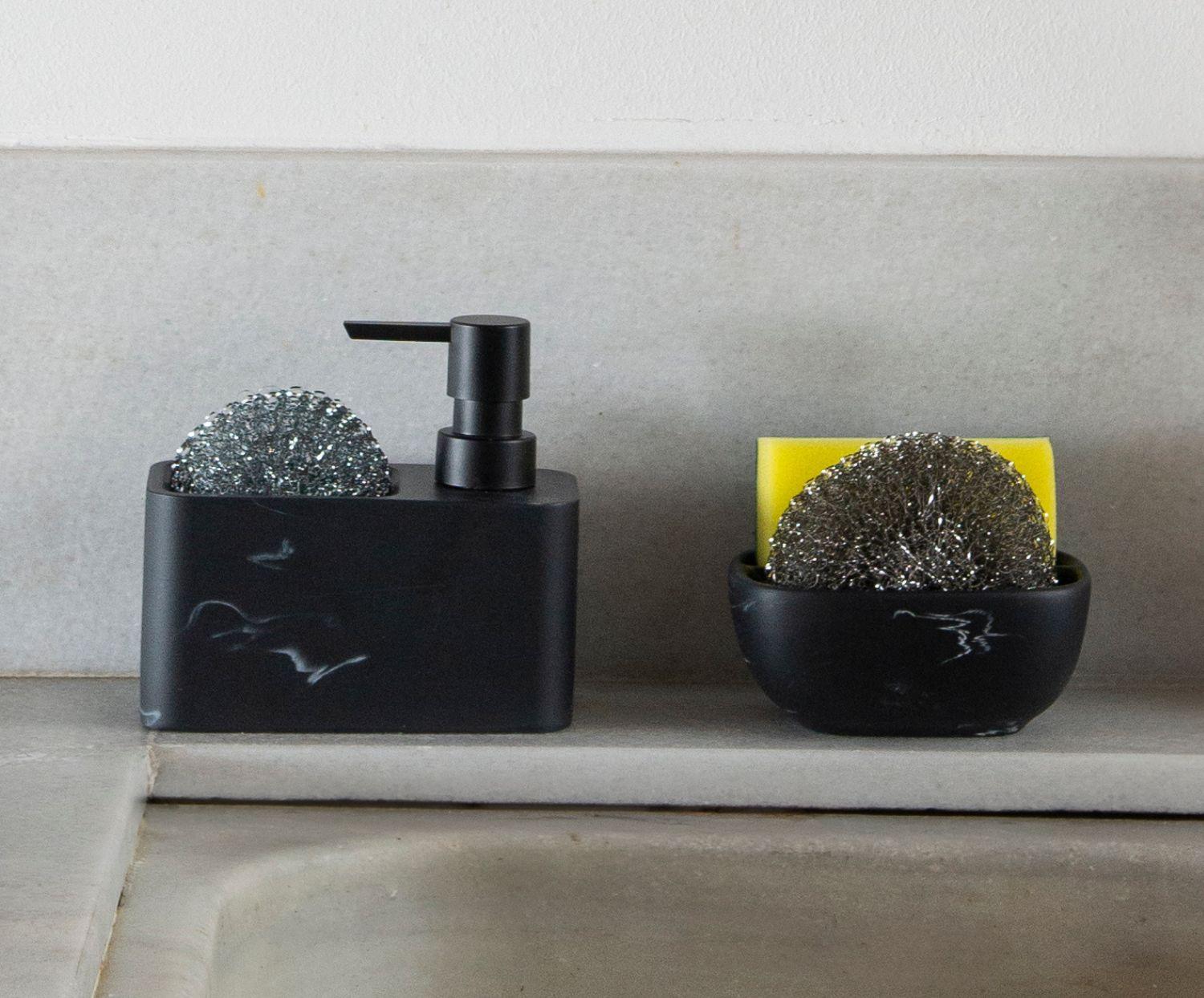 
Ensemble distributeur de savon « Lucy » avec éponge, effet marbre noir