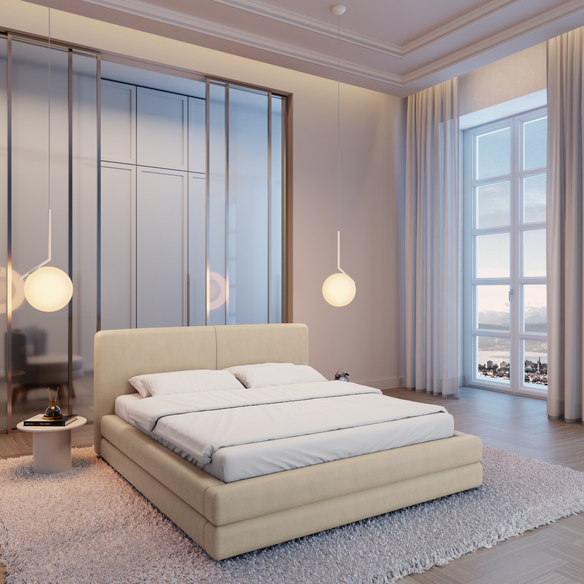 
Design Polsterbett „Liora“ mit Ablagefach, Kunstleder Beige - 140 x 200 cm