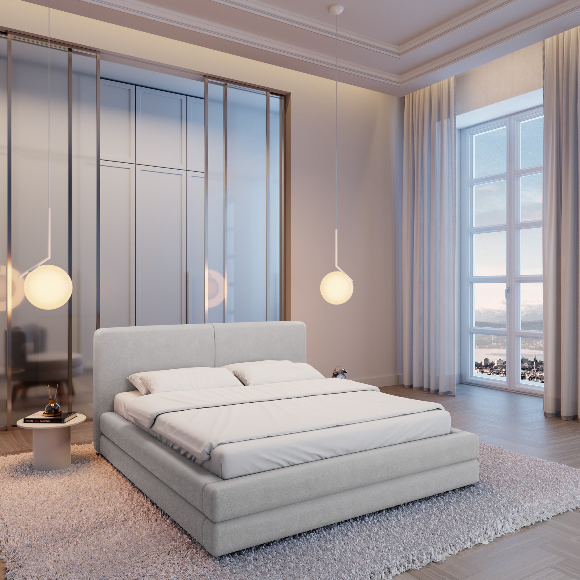 
Design Polsterbett „Liora“ mit Ablagefach, Kunstleder Hellgrau - 140 x 200 cm