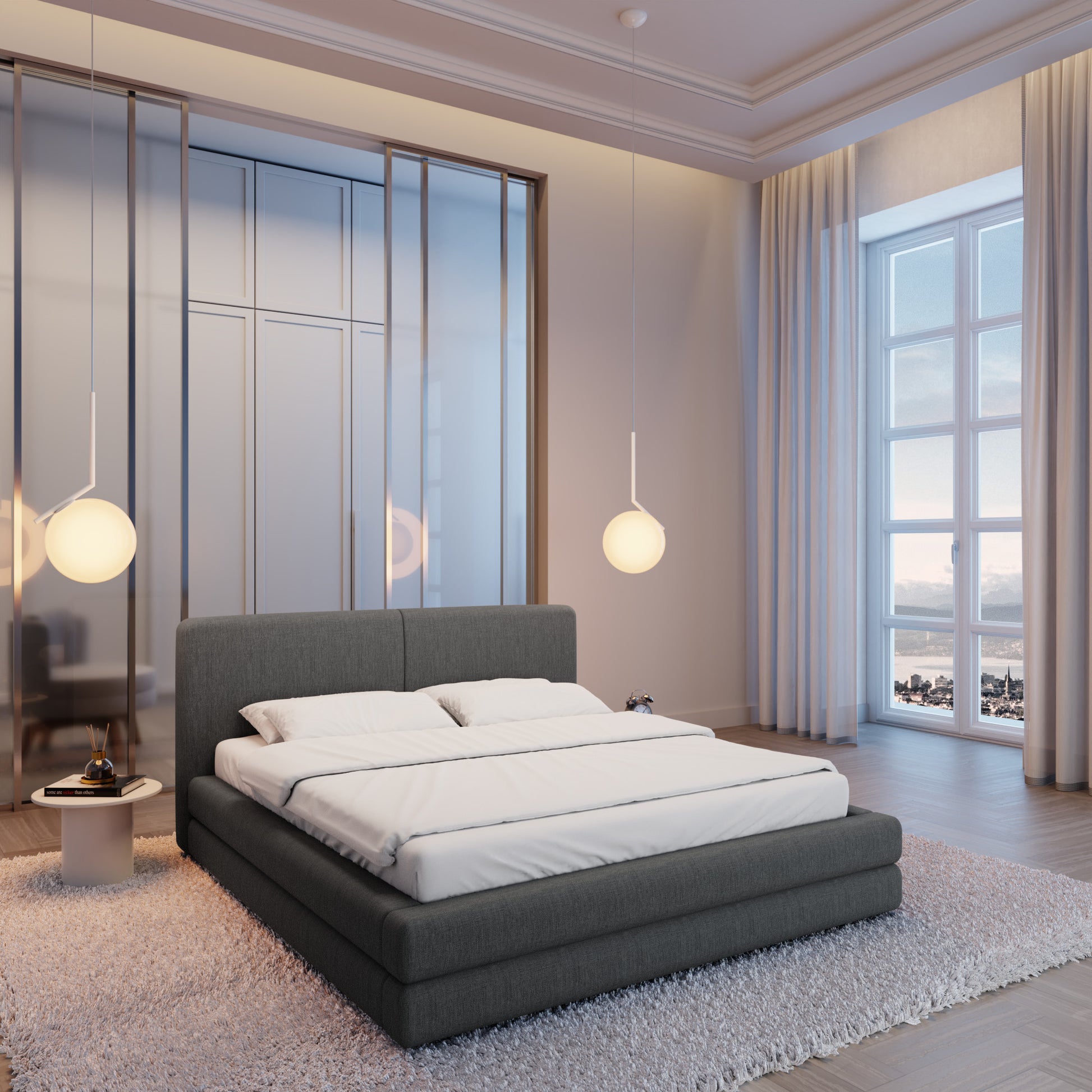 
Design Polsterbett „Liora“ mit Ablagefach, Webstoff Anthrazit - 140 x 200 cm
