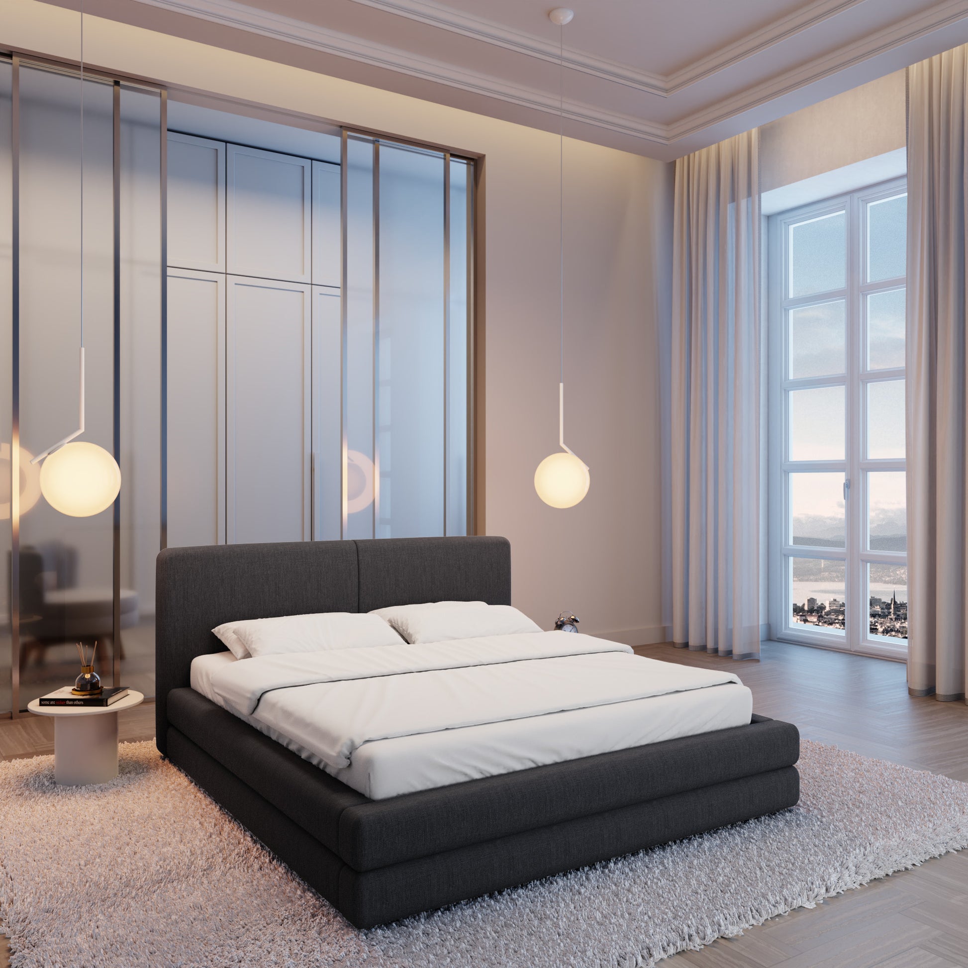 
Design Polsterbett „Liora“ mit Ablagefach, Webstoff Schwarz - 140 x 200 cm