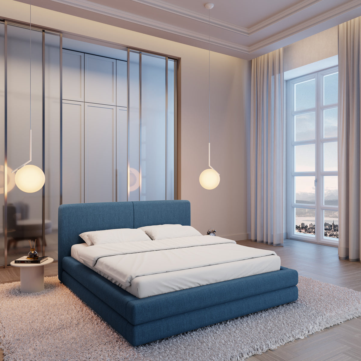 
Design Polsterbett „Liora“ mit Ablagefach, Webstoff Dunkelblau - 140 x 200 cm