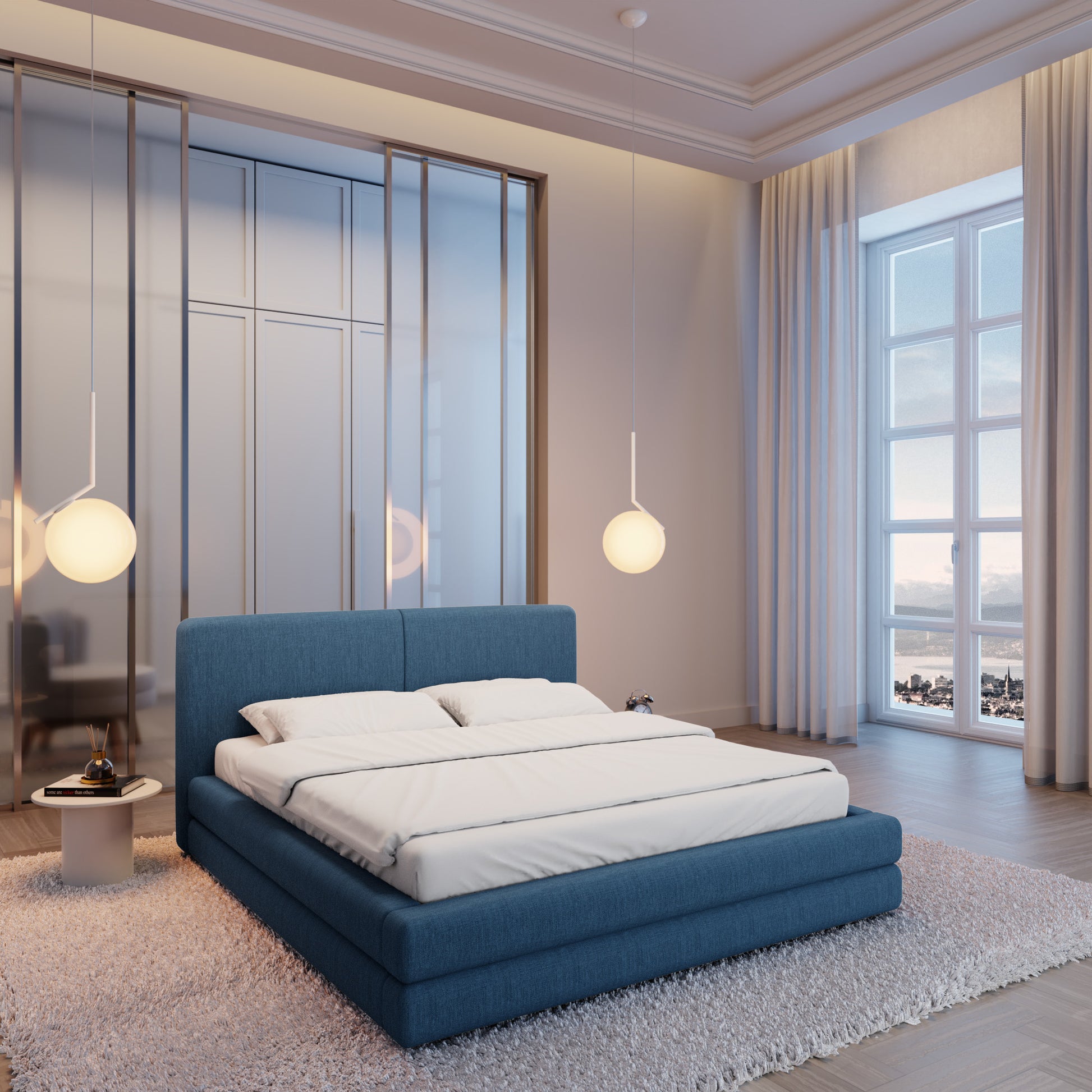 
Design Polsterbett „Liora“ mit Ablagefach, Webstoff Dunkelblau - 140 x 200 cm