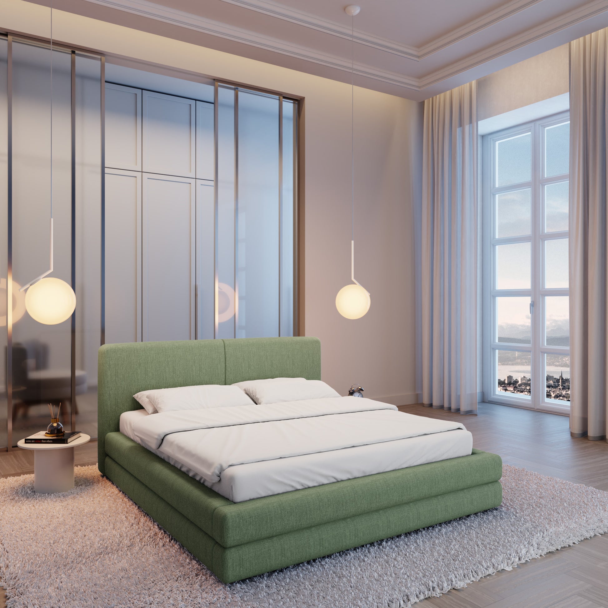 
Design Polsterbett „Liora“ mit Ablagefach, Webstoff Grün - 140 x 200 cm