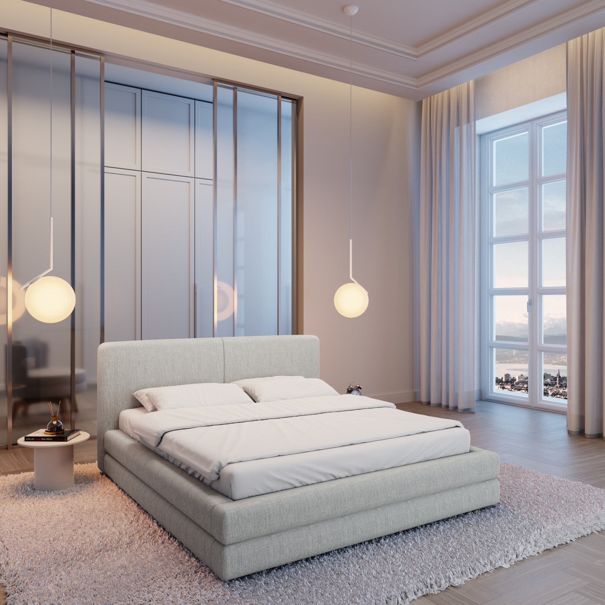 
Design Polsterbett „Liora“ mit Ablagefach, Webstoff Hellgrau - 140 x 200 cm