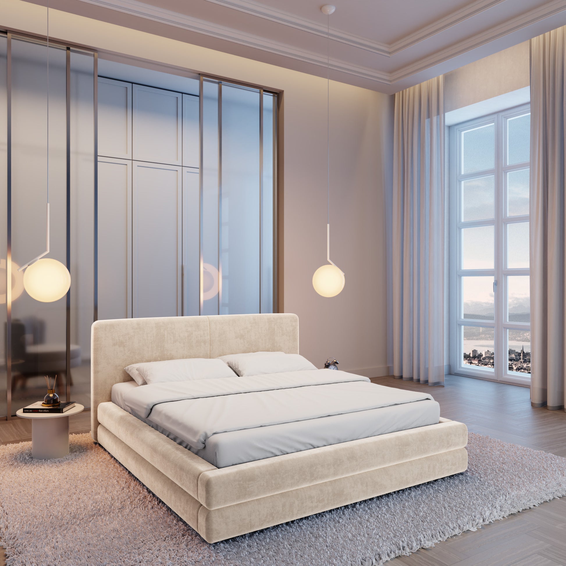 
Design Polsterbett „Liora“ mit Ablagefach, Samt Beige - 140 x 200 cm