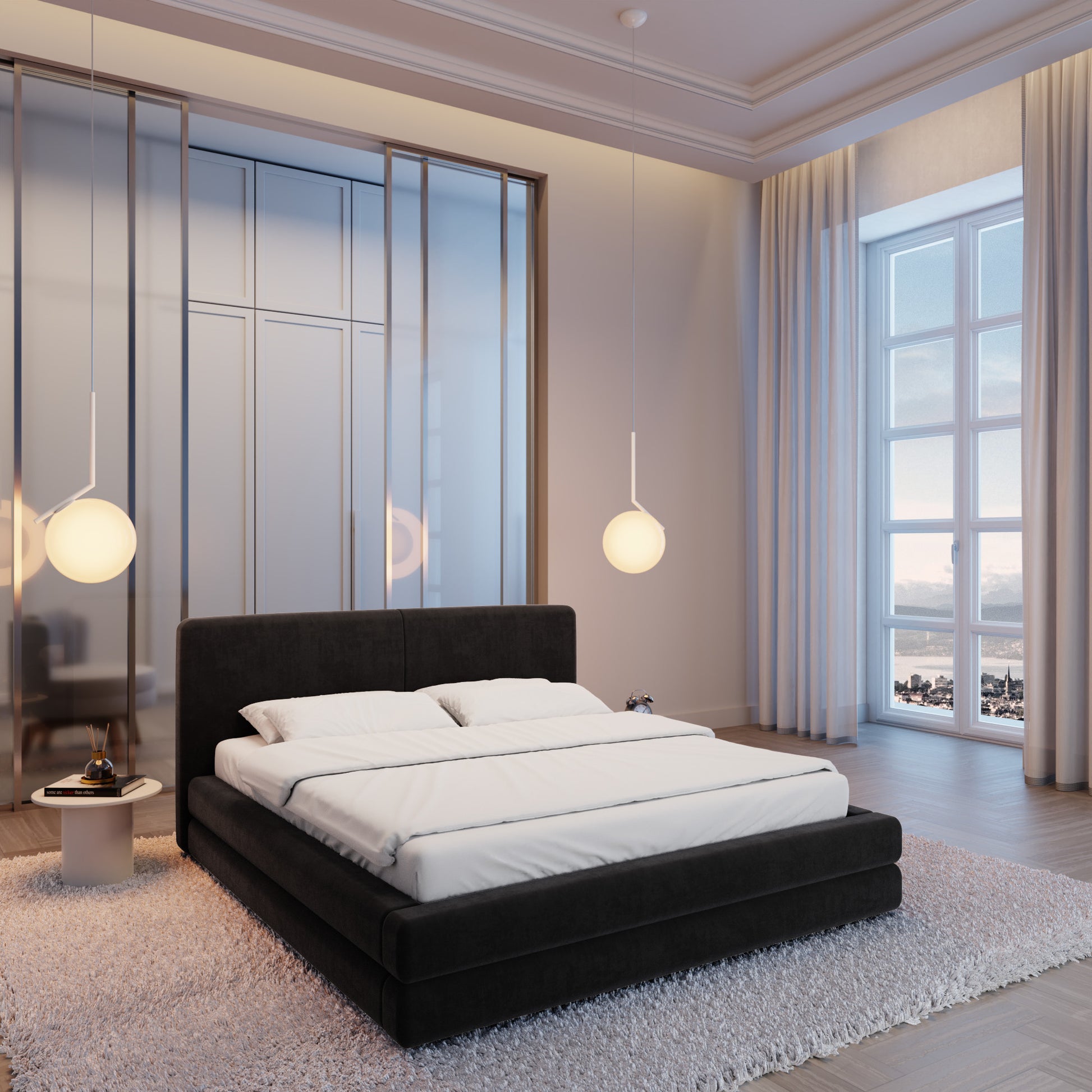
Design Polsterbett „Liora“ mit Ablagefach, Samt Schwarz - 140 x 200 cm