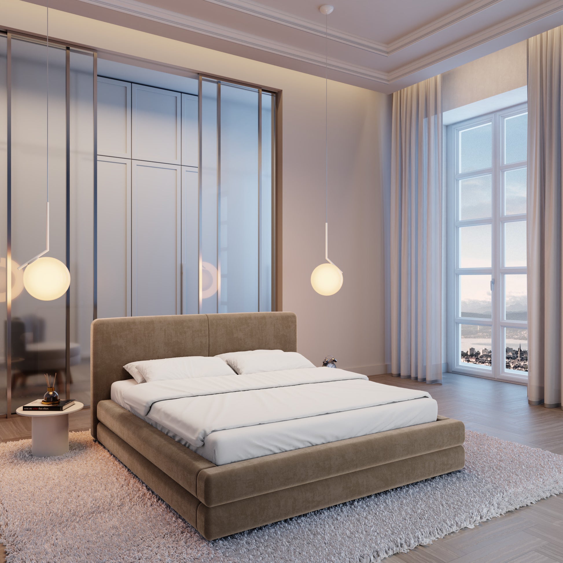 
Design Polsterbett „Liora“ mit Ablagefach, Samt Braun - 140 x 200 cm
