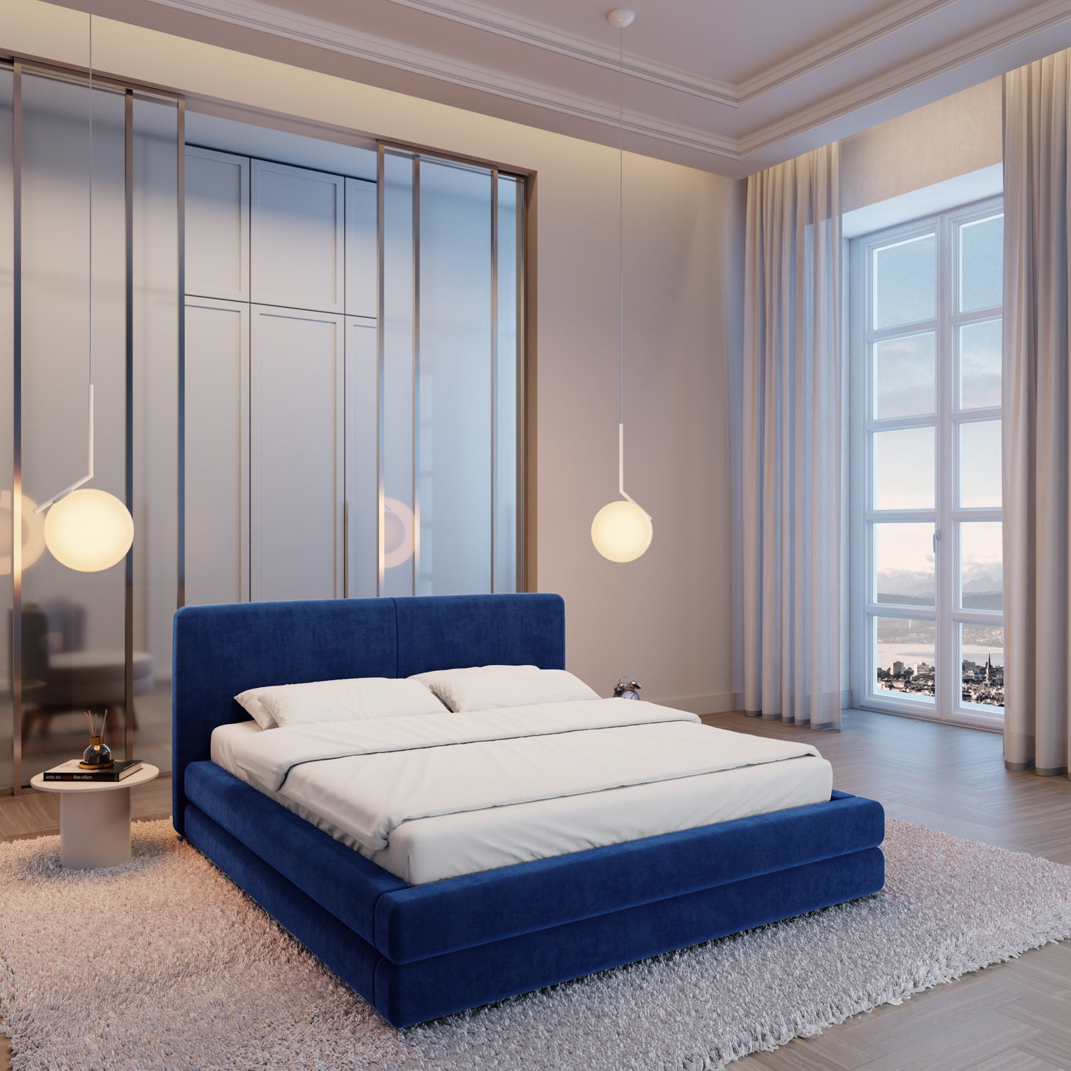 
Design Polsterbett „Liora“ mit Ablagefach, Samt Blau - 140 x 200 cm