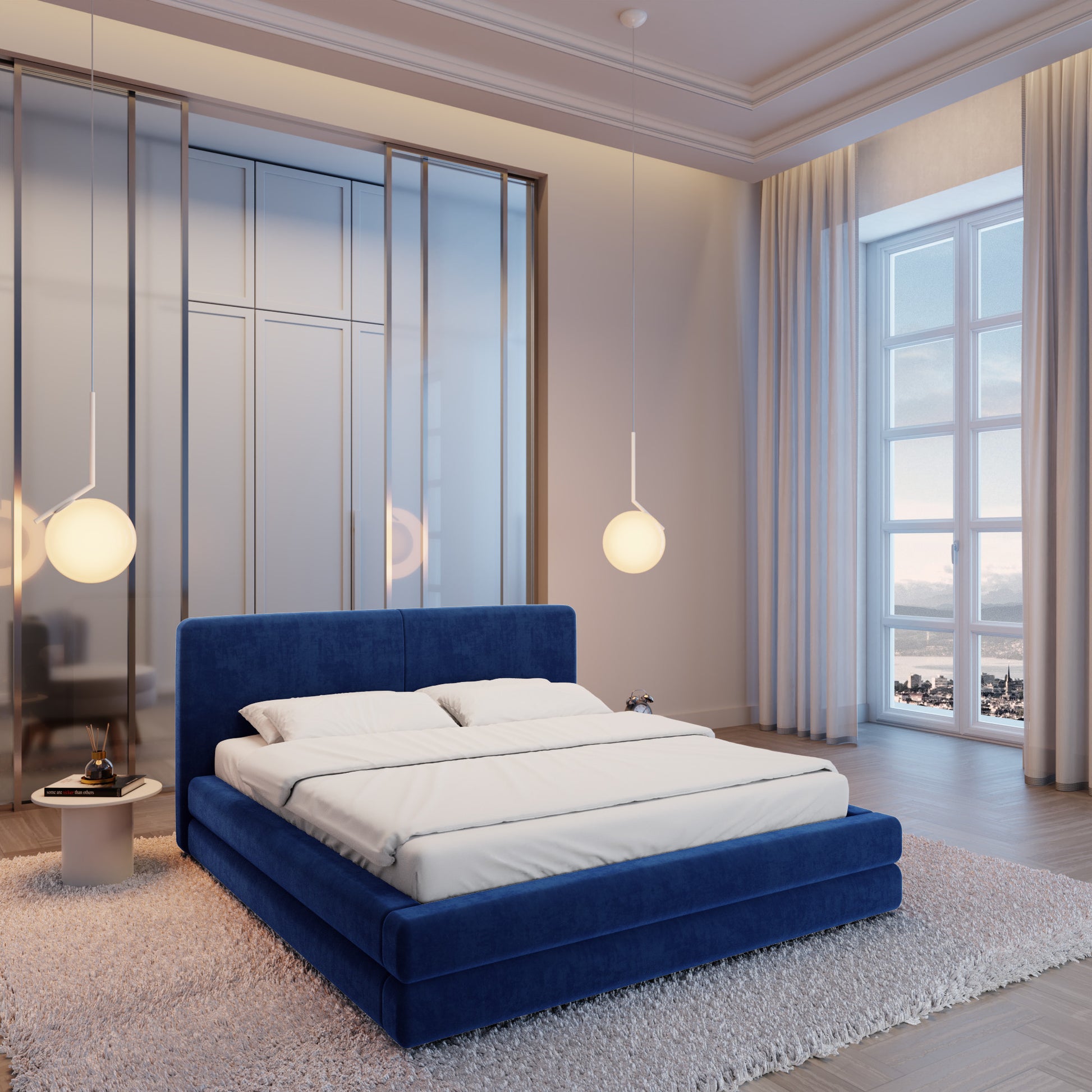 
Design Polsterbett „Liora“ mit Ablagefach, Samt Blau - 140 x 200 cm
