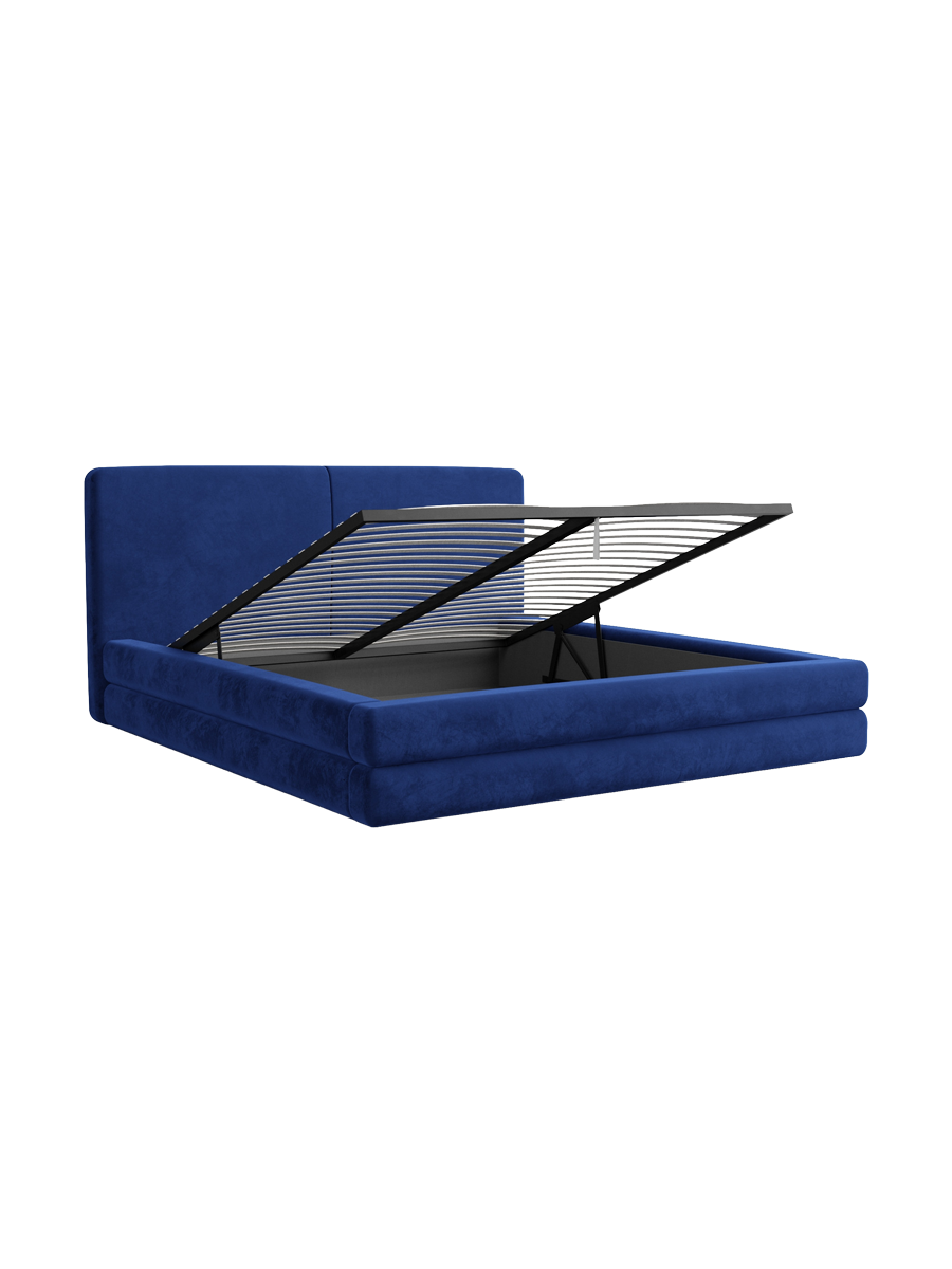 
Design Polsterbett „Liora“ mit Ablagefach, Samt Blau - 140 x 200 cm