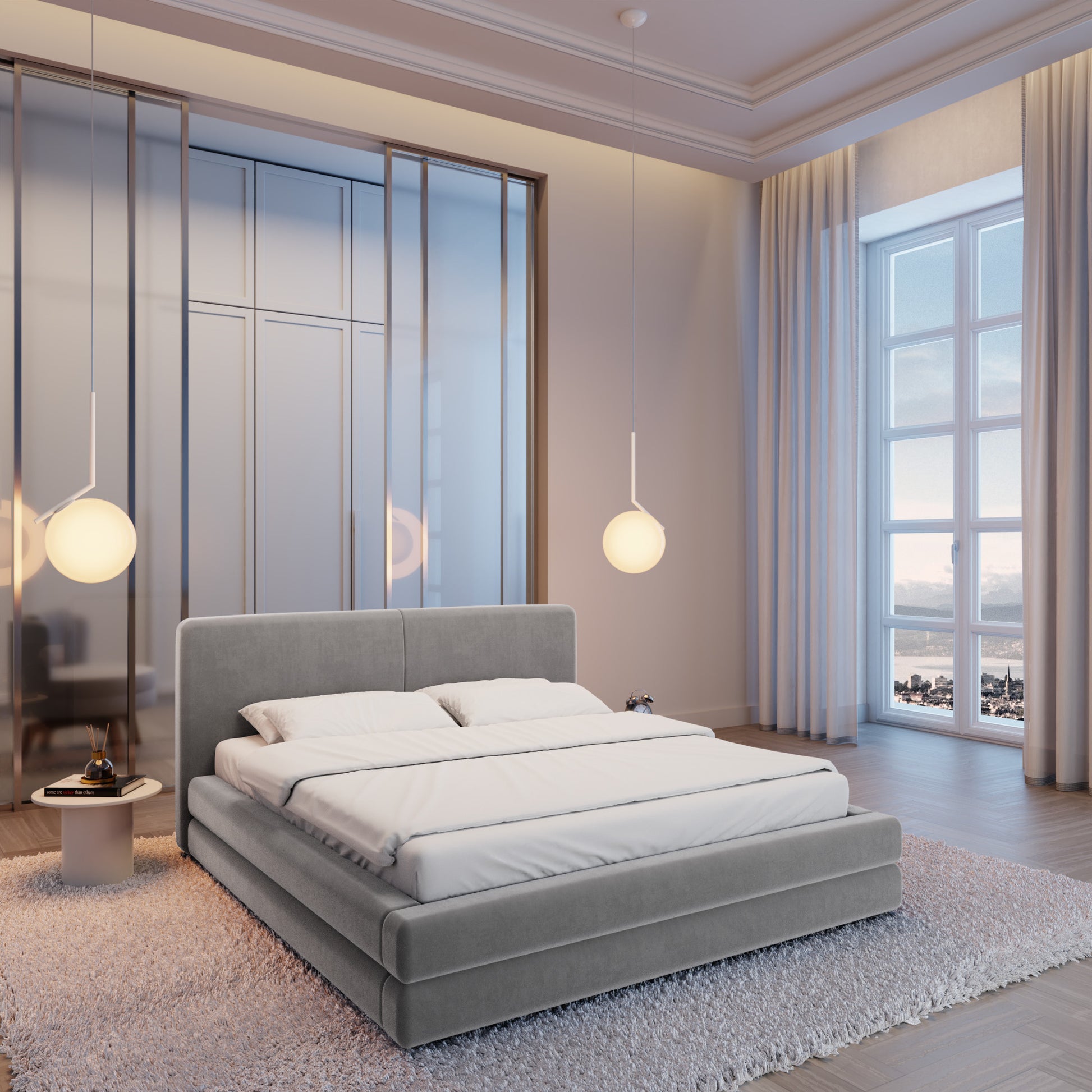 
Design Polsterbett „Liora“ mit Ablagefach, Samt Grau - 140 x 200 cm