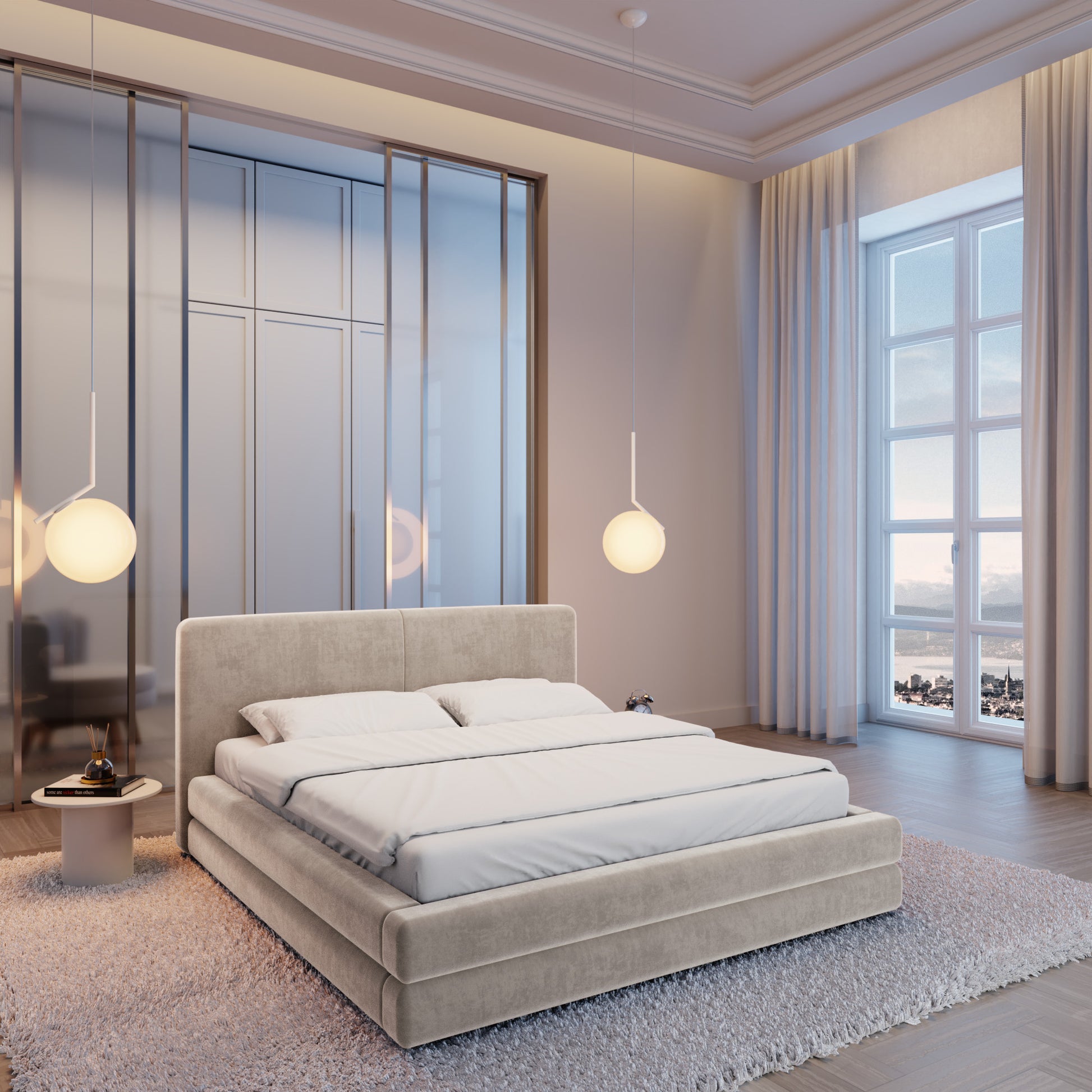 
Design Polsterbett „Liora“ mit Ablagefach, Samt Sand - 140 x 200 cm