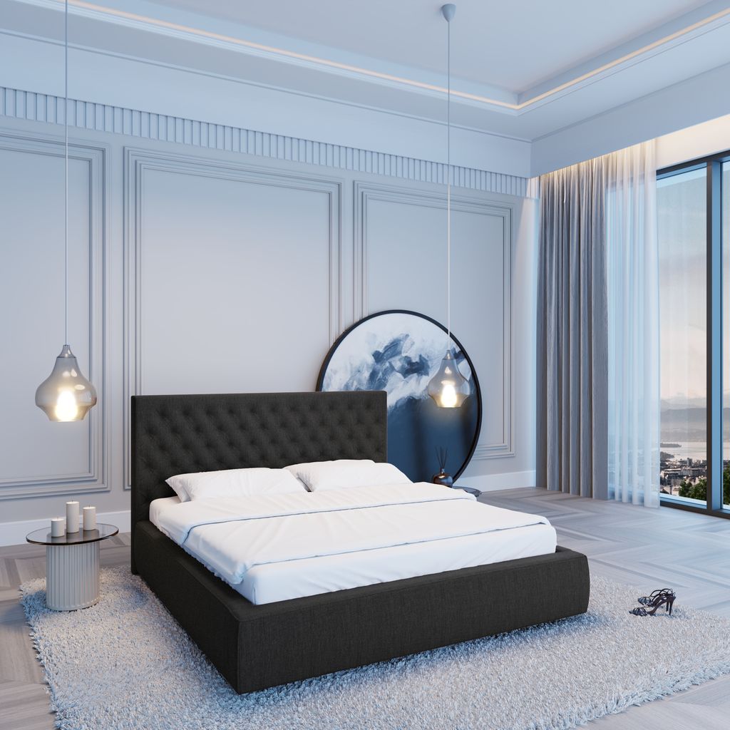 
Design Polsterbett „Bellavita“ mit Ablagefach, Webstoff Schwarz - 140 x 200 cm