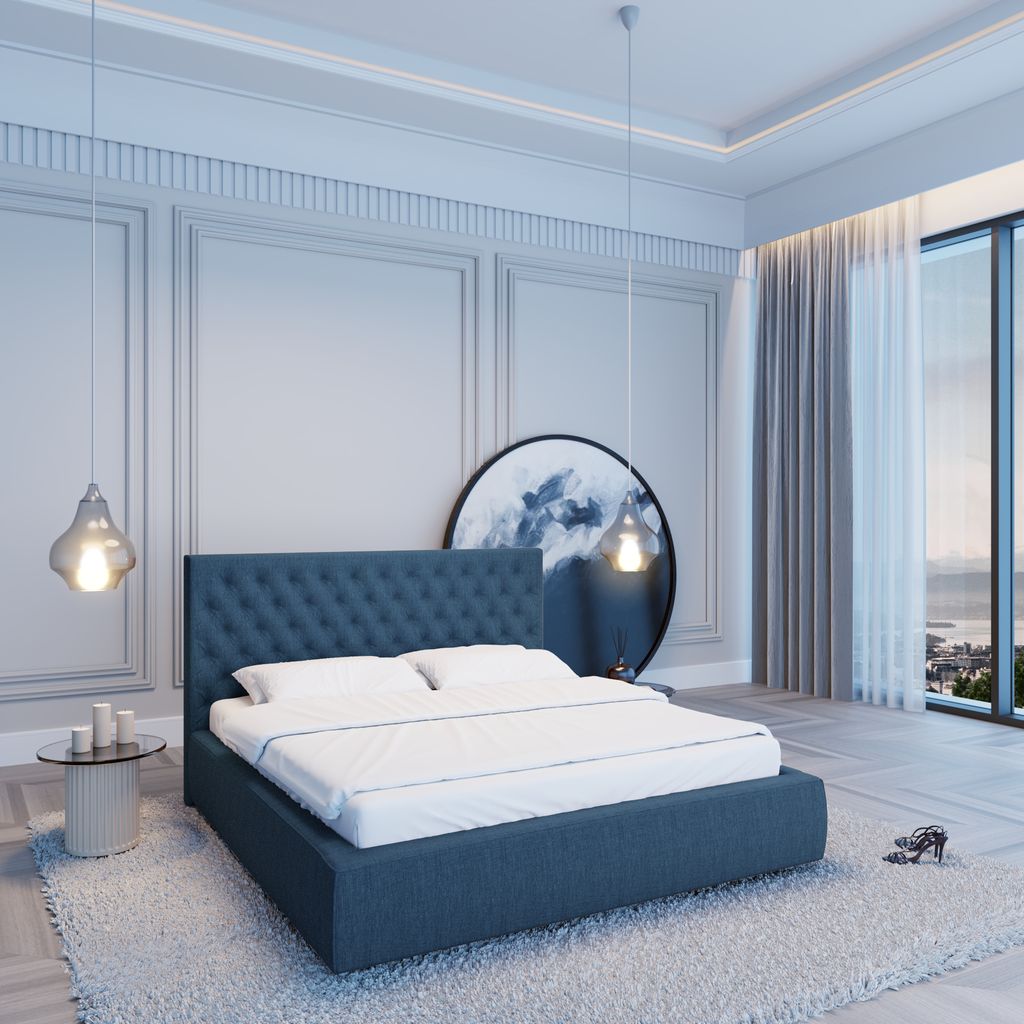 
Design Polsterbett „Bellavita“ mit Ablagefach, Webstoff Dunkelblau - 140 x 200 cm