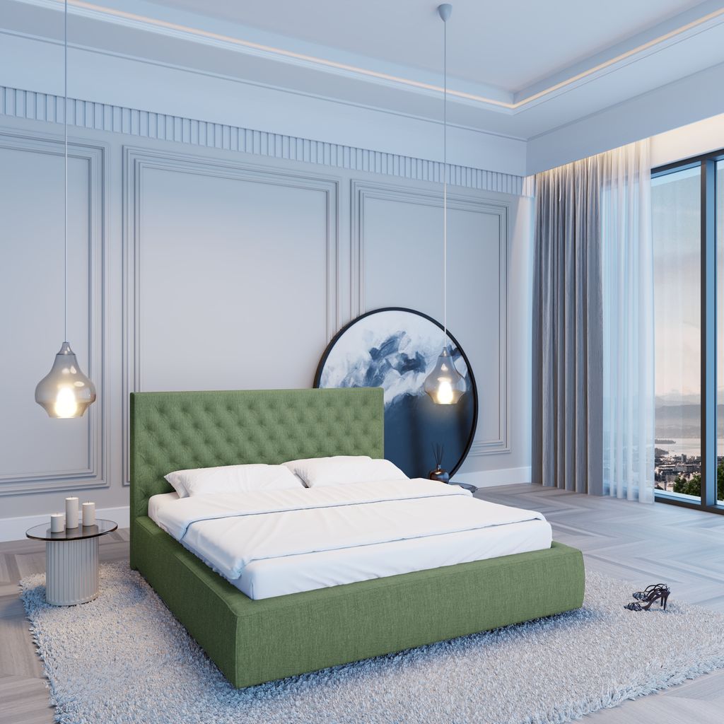 
Design Polsterbett „Bellavita“ mit Ablagefach, Webstoff Grün - 140 x 200 cm