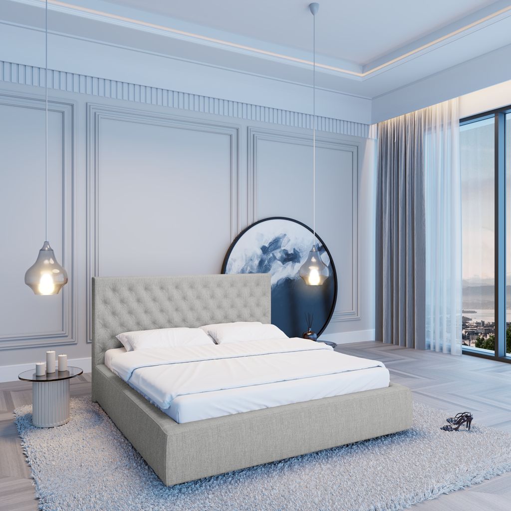 
Design Polsterbett „Bellavita“ mit Ablagefach, Webstoff Hellgrau - 140 x 200 cm