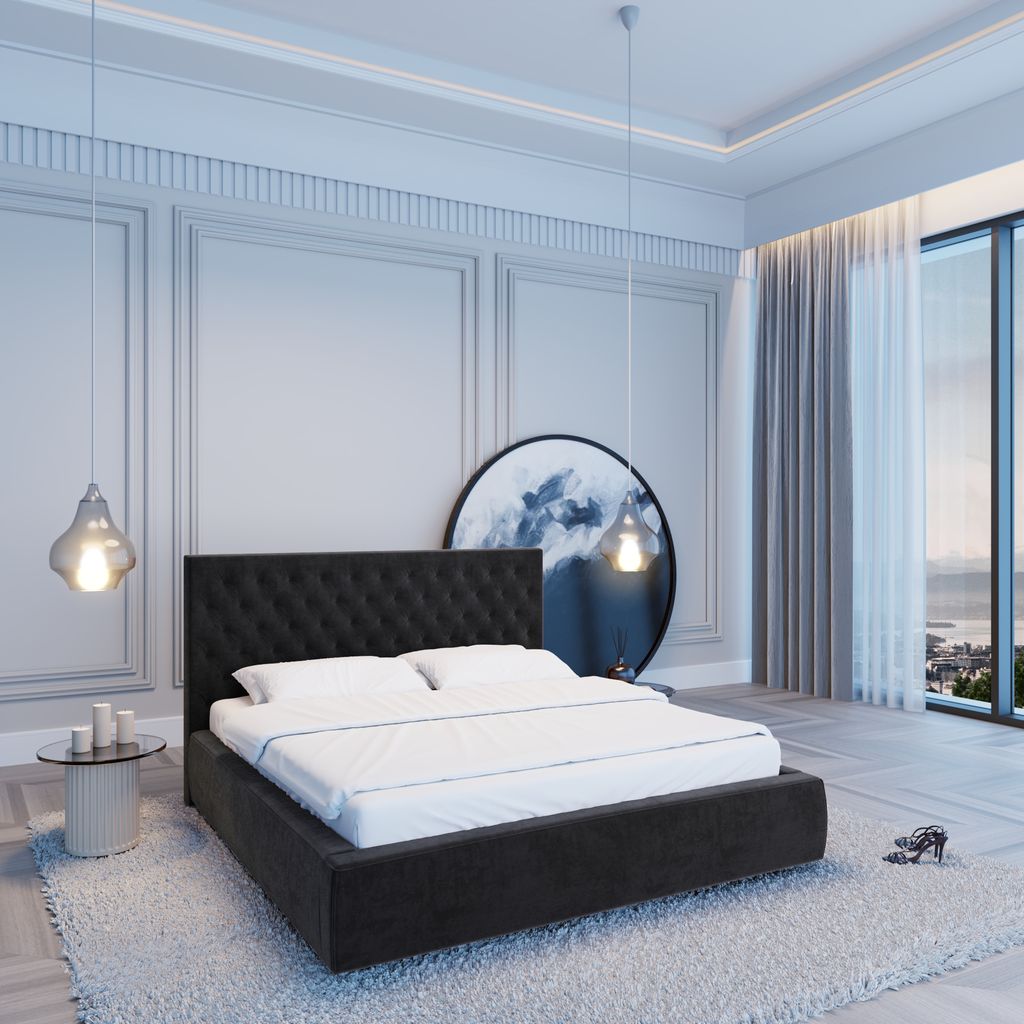 
Design Polsterbett „Bellavita“ mit Ablagefach, Samt Schwarz - 140 x 200 cm