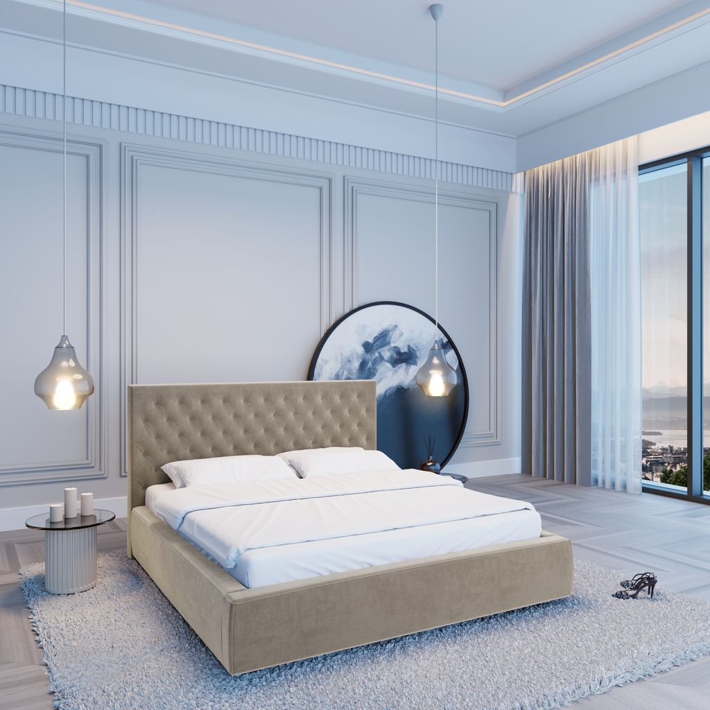 
Design Polsterbett „Bellavita“ mit Ablagefach, Samt Beige dunkel - 140 x 200 cm