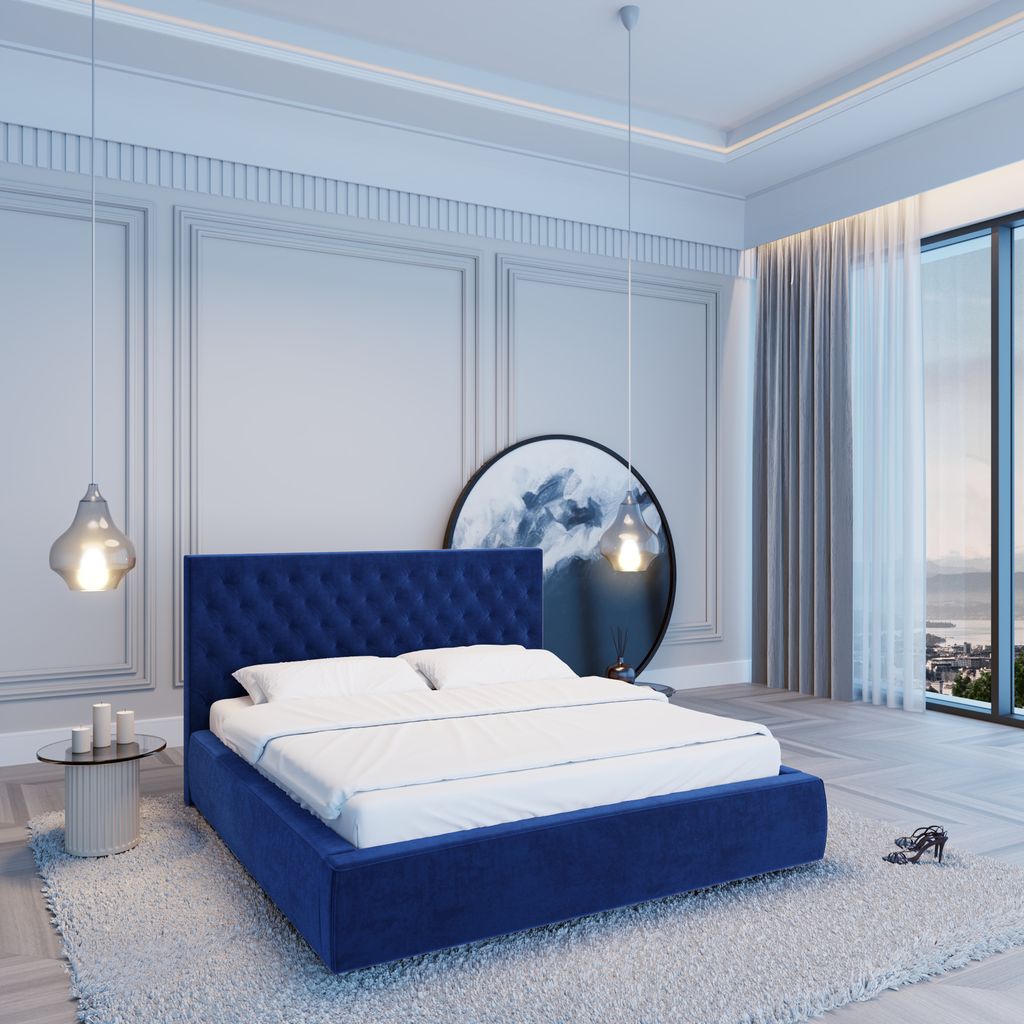 
Design Polsterbett „Bellavita“ mit Ablagefach, Samt Dunkelblau - 140 x 200 cm