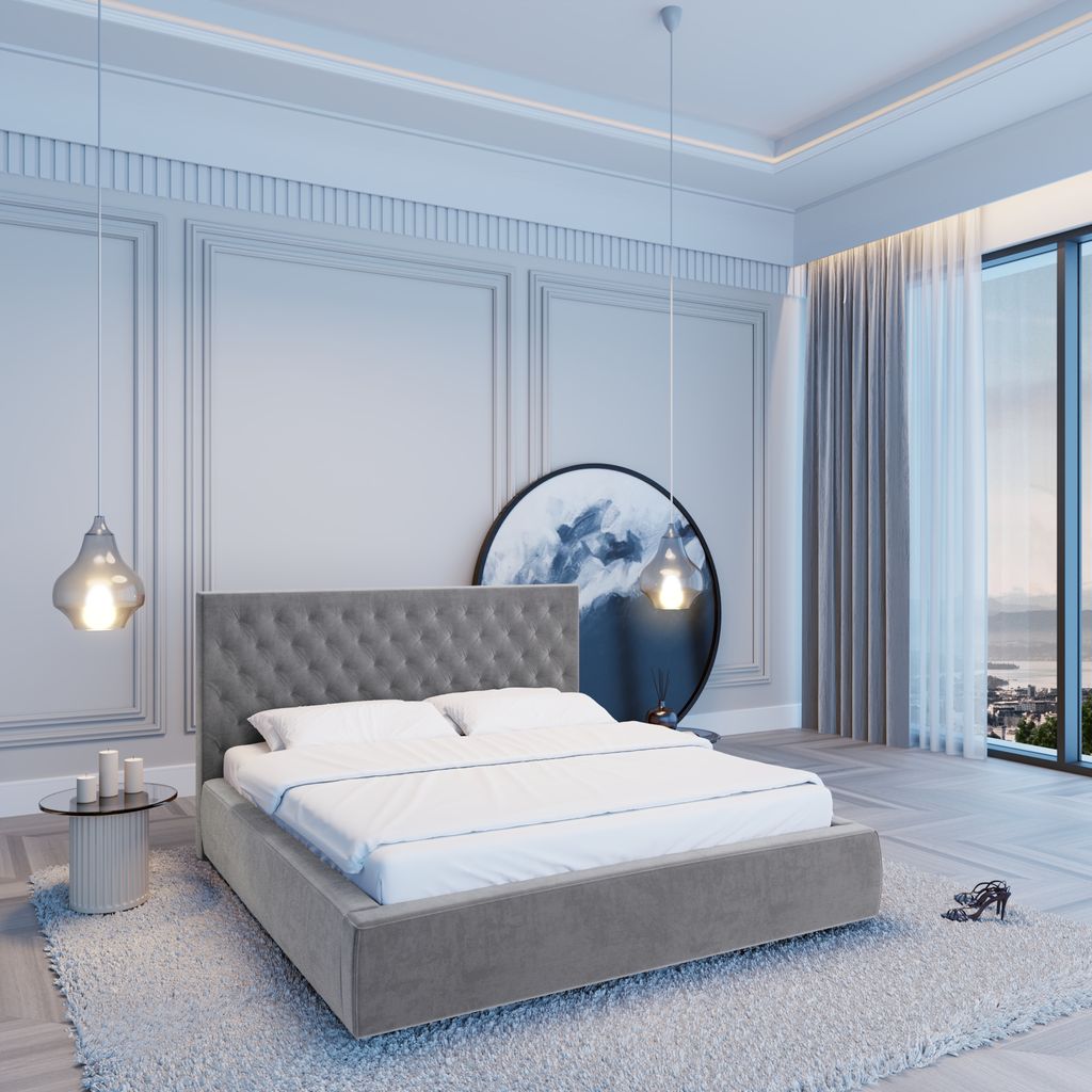 
Design Polsterbett „Bellavita“ mit Ablagefach, Samt Grau - 140 x 200 cm