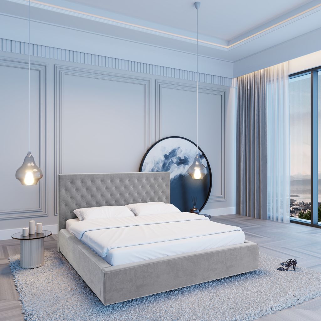 
Design Polsterbett „Bellavita“ mit Ablagefach, Samt Hellgrau - 140 x 200 cm