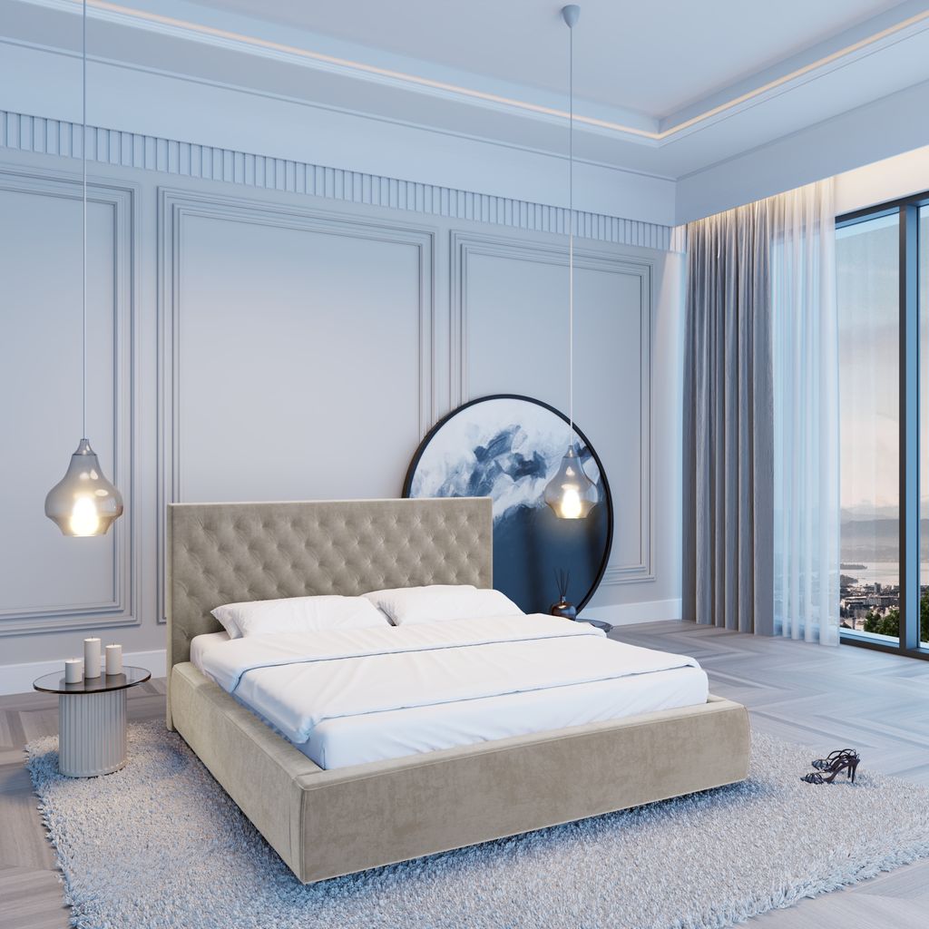 
Design Polsterbett „Bellavita“ mit Ablagefach, Samt Sand - 140 x 200 cm